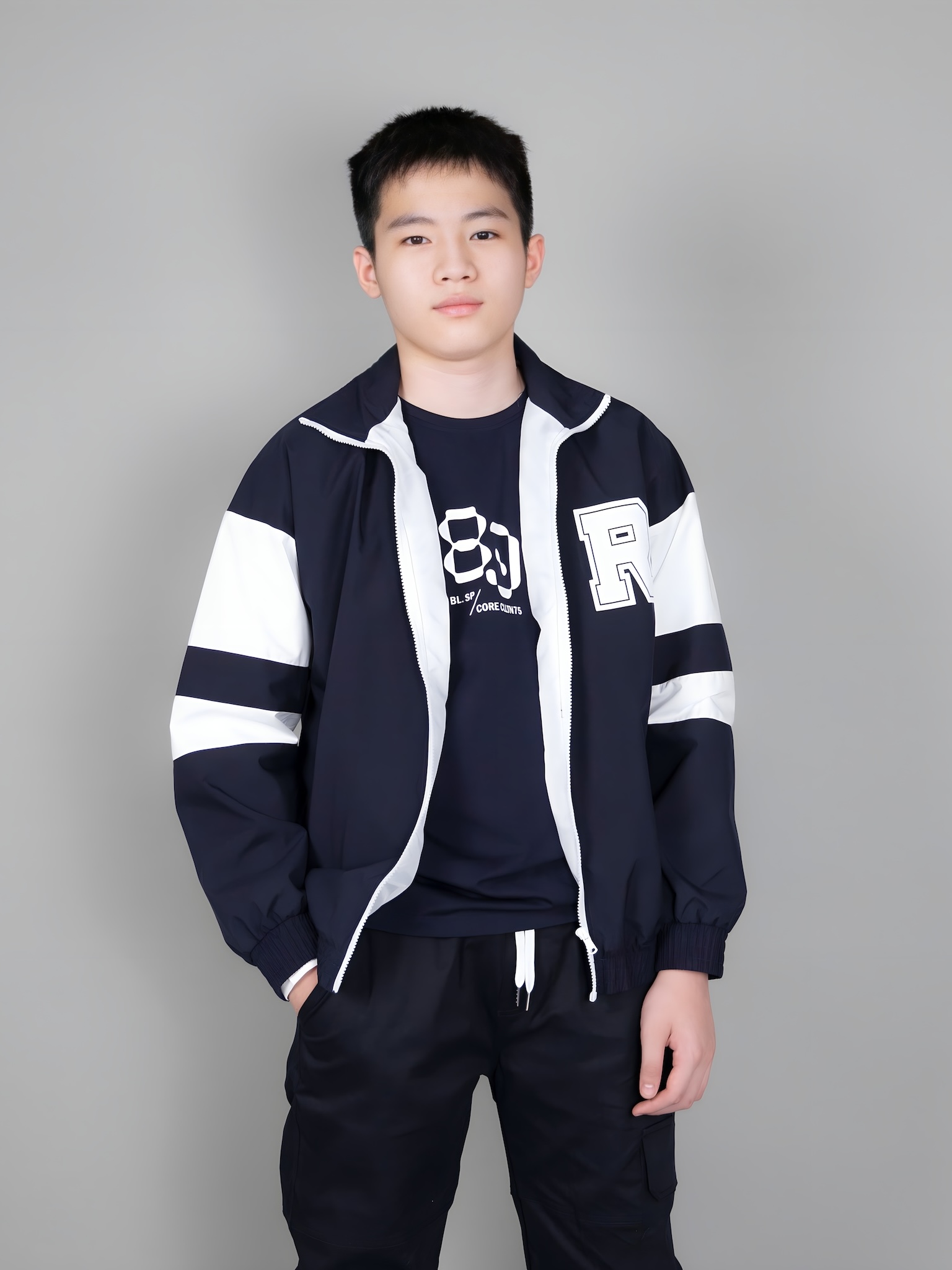 Áo khoác gió navy tay phối trắng in chữ R_thumbnail_2