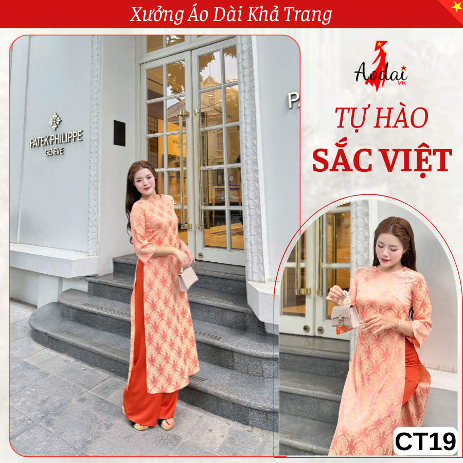 CT19 Cách Tân Gấm Dạng Suông Thọ Rơi màu Cam Sữa Cổ Tròn Tay Lỡ