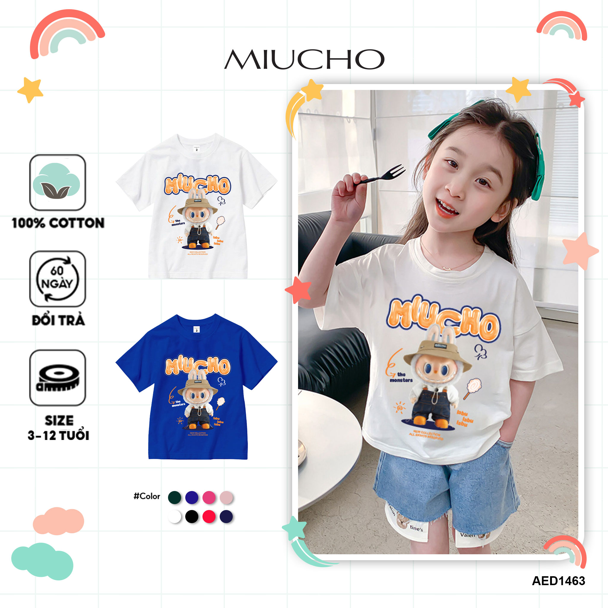 Áo thun bé gái labubu dễ thương nhiều màu sắc AED1463 Miucho Kid vải cotton thoáng mát cổ tròn in graphic