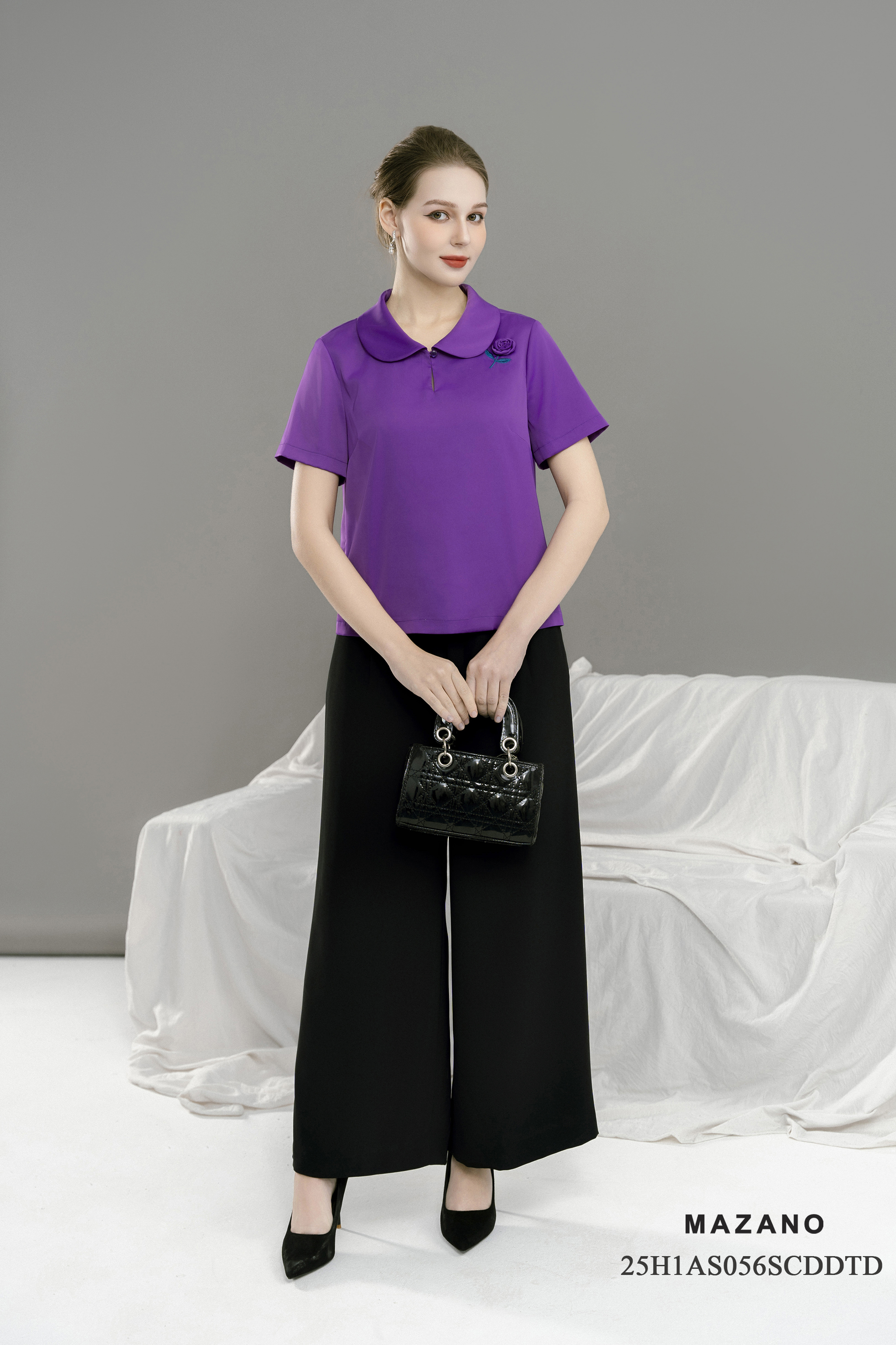 Áo suông Vải Tencel Đính hoa cuốn Cổ bẻ cách điệu Tay ngắn Dài áo qua eo_thumbnail_2