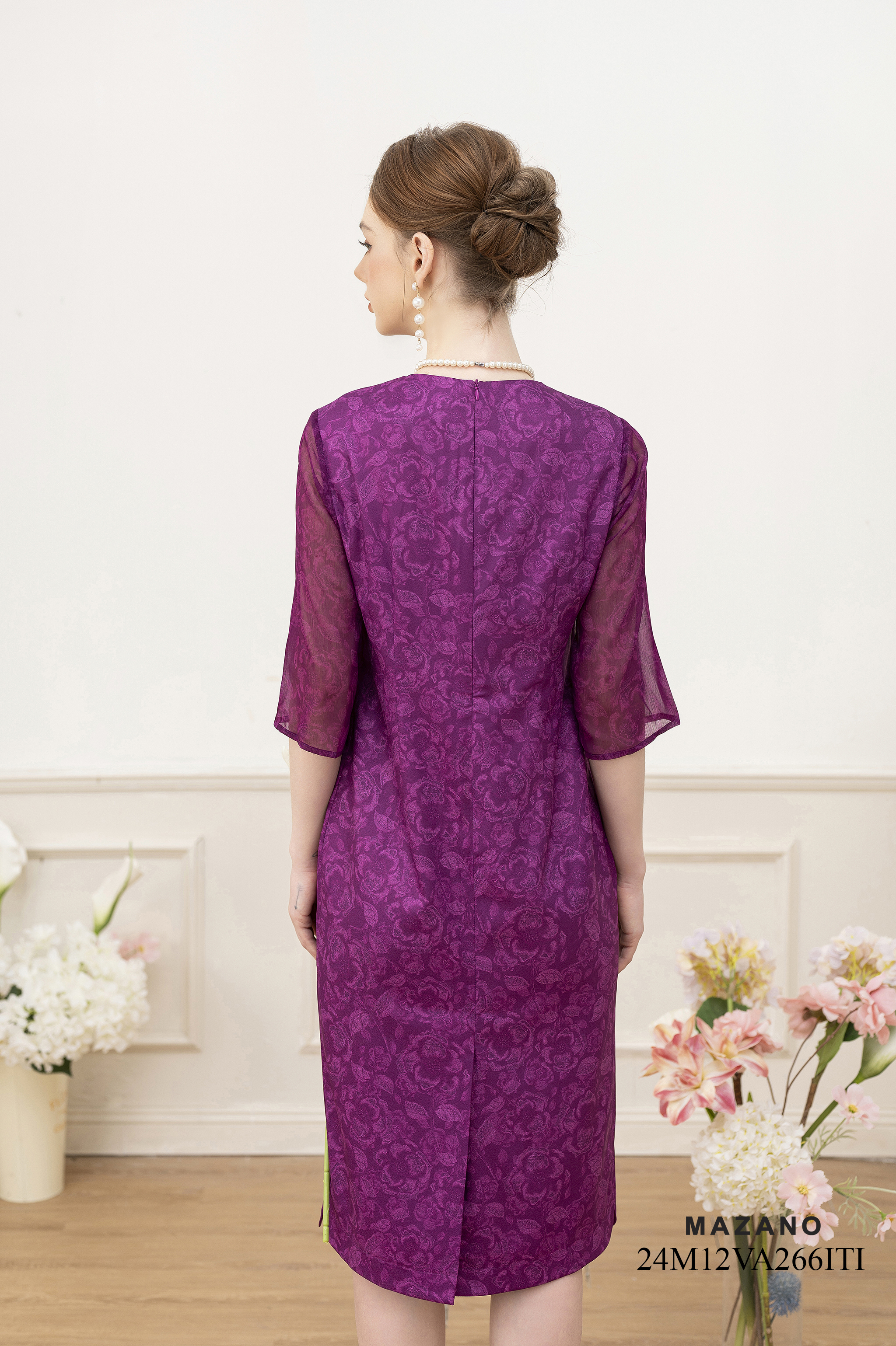 Váy Đầm suông Vải thô phối voan Hoạ tiết hoa trà cách điệu Cổ tròn Tay lỡ Dài đến bắp chân_thumbnail_5