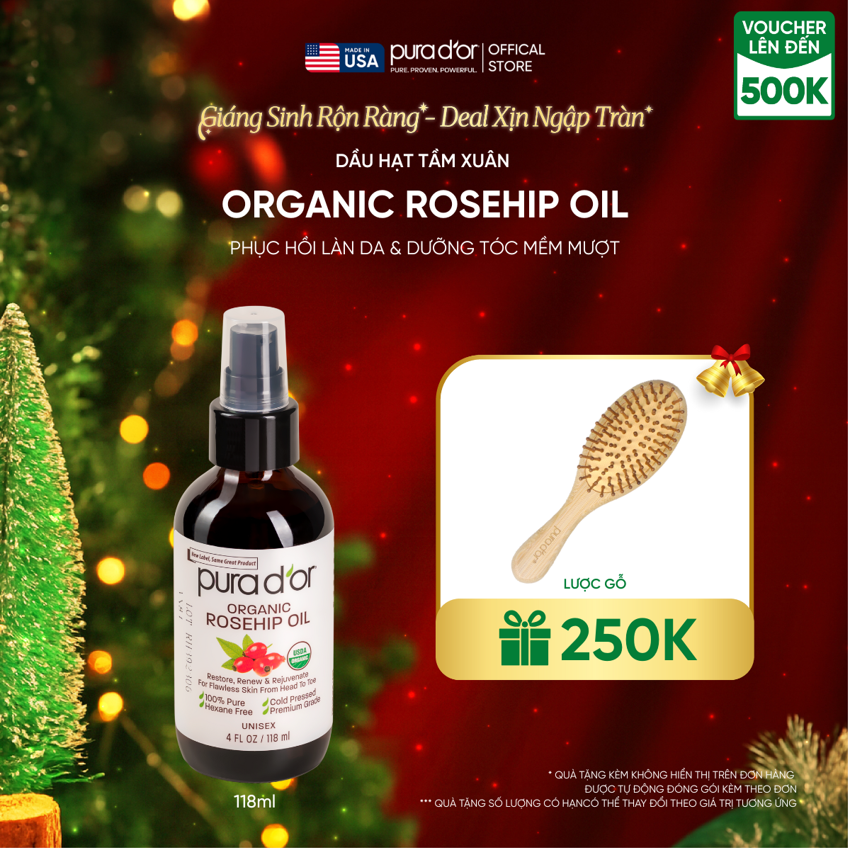 Dầu Hạt Tầm Xuân Nguyên Chất Hữu Cơ Pura D'or Organic Rosehip Seed Oil  – Giúp Phục Hồi Làn Da & Dưỡng Tóc Mềm Mượt 118ml