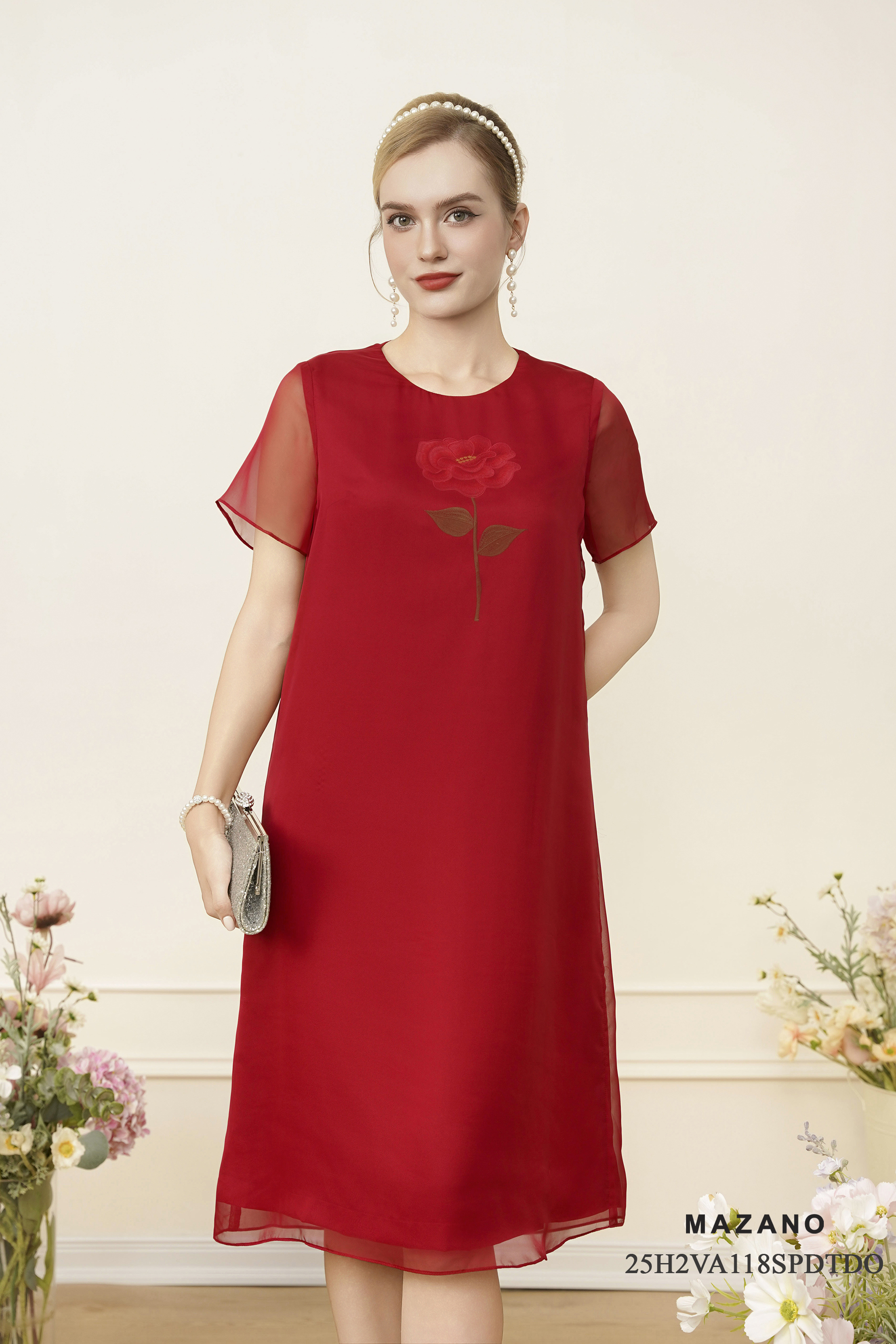 Váy Đầm suông Vải voan mỏng thêu họa tiết bố cục Cổ tròn tay ngắn dài qua gối