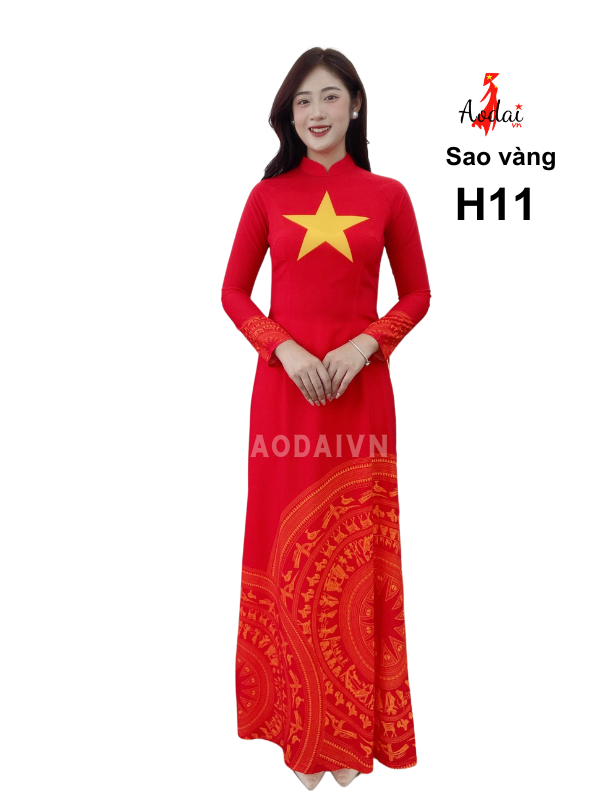 Áo dài Sao vàng H11 in trống đồng đẹp cổ cao 3cm tay dài