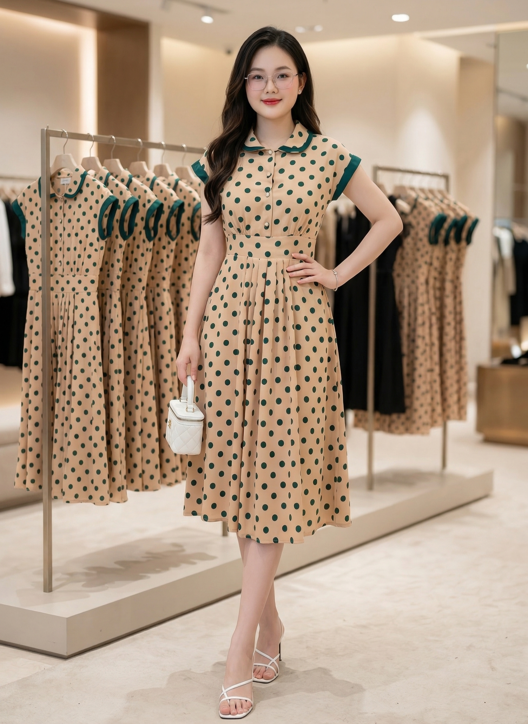 Đầm xòe họa tiết chấm bi cổ Peter cột nơ_thumbnail_1