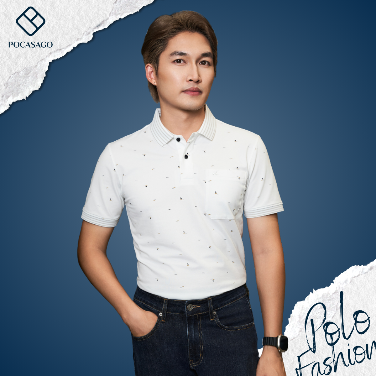 Áo Polo nam họa tiết buồm phối túi ngực bo sọc