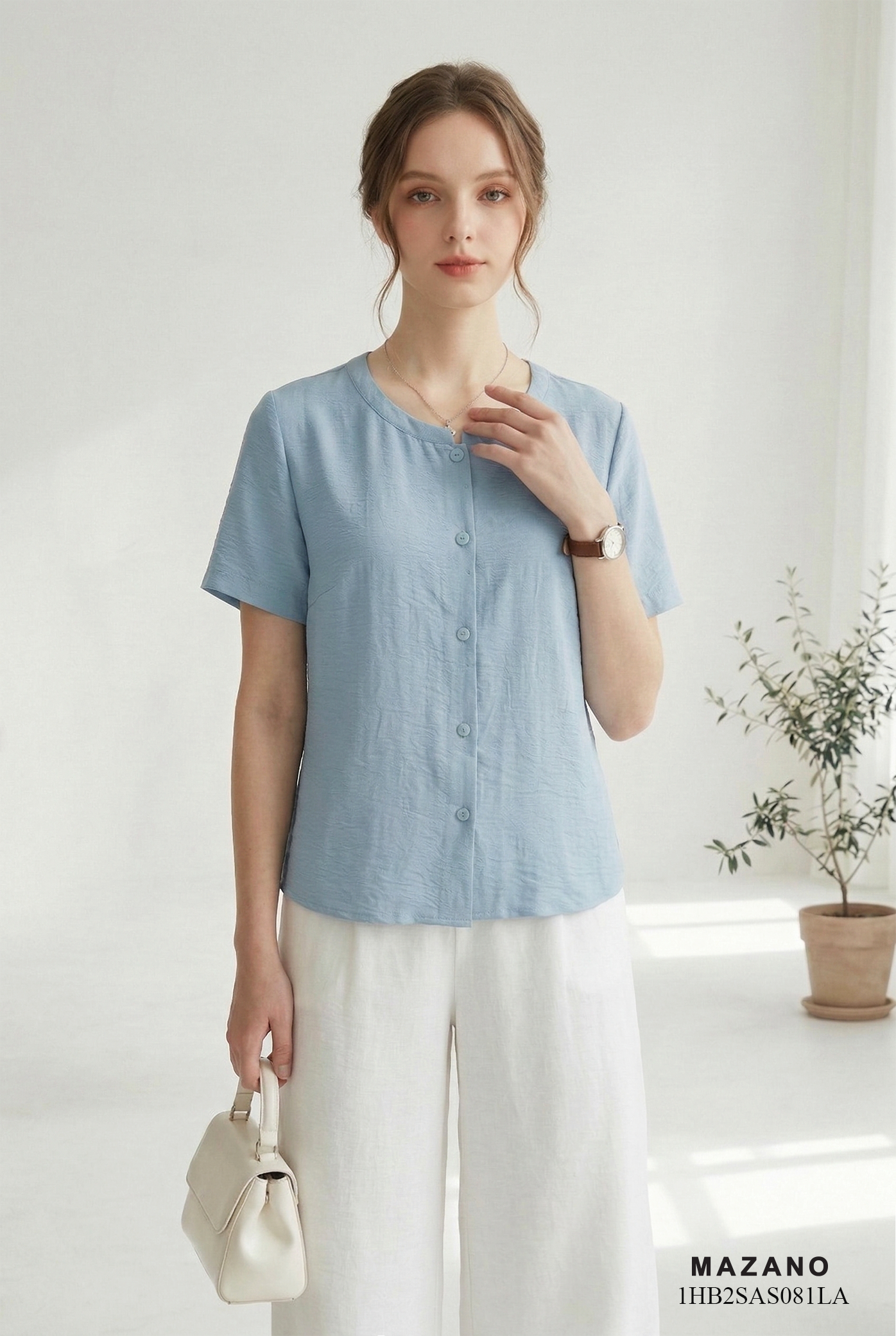 Áo sơ mi vải pha linen xanh ghi sáng dáng suông cổ tàu cách điệu thiết kế MAZANO_thumbnail_5