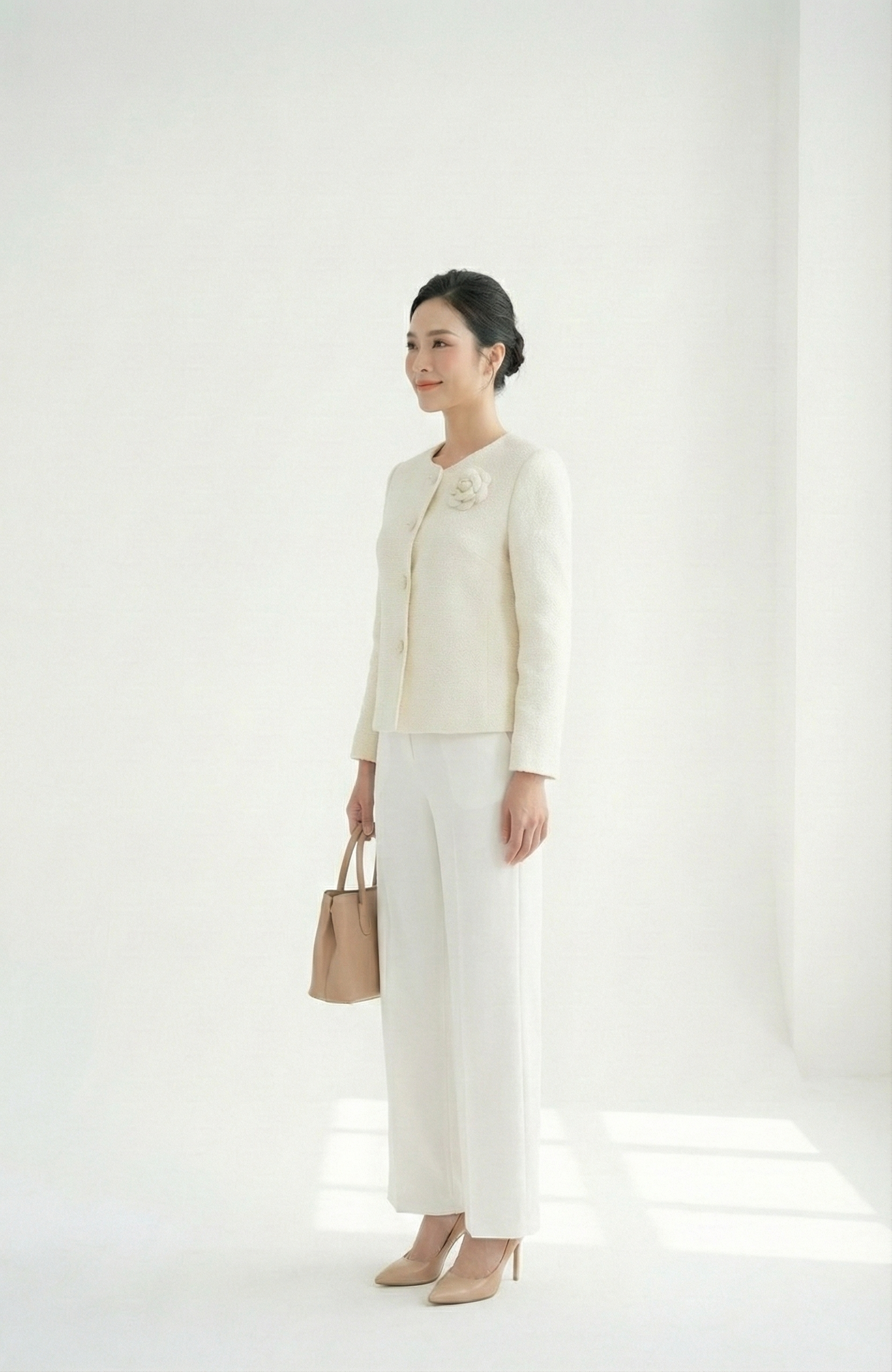 Áo khoác ngắn Suông Vải tweed len Cổ tròn Cài hoa thủ công Dài dưới eo_thumbnail_3