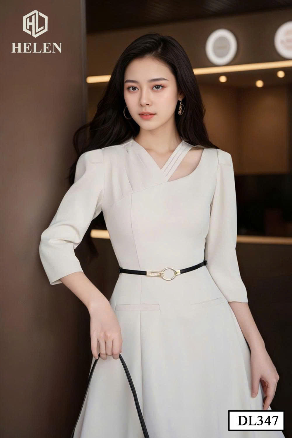 Đầm xòe màu trắng cổ cách điệu DL347_thumbnail_2