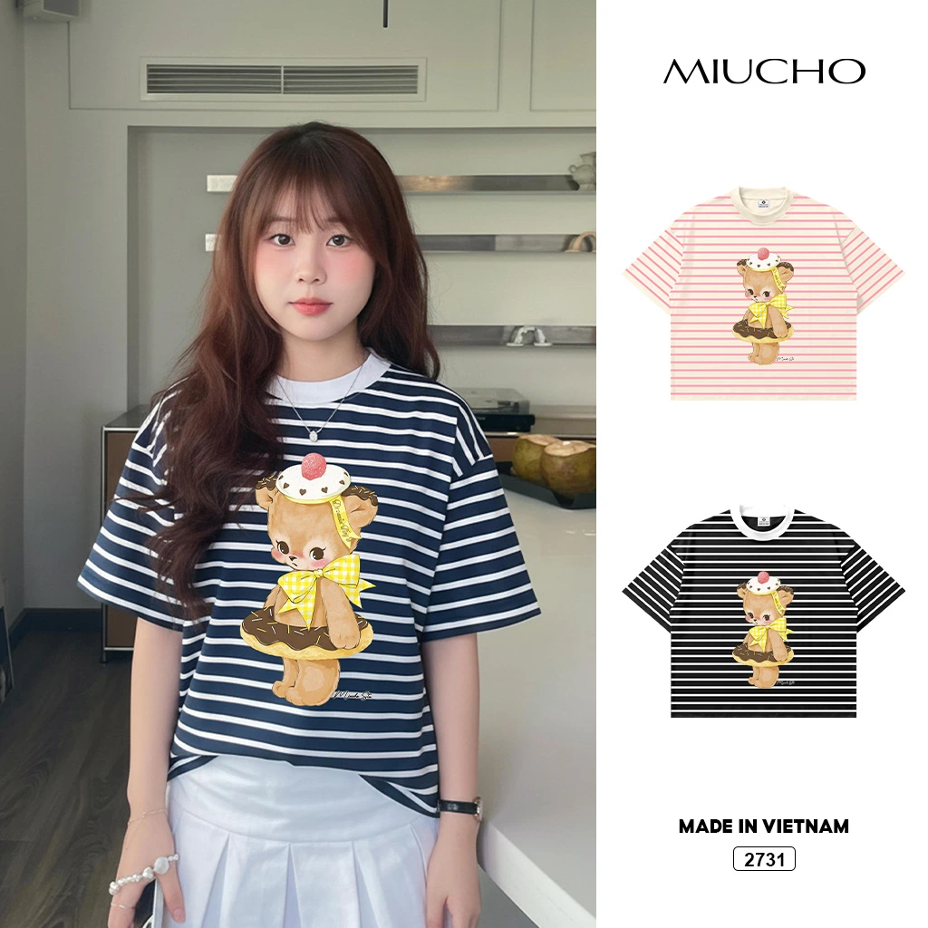Áo thun boxy nữ Miucho vải borip mềm mại thoáng mát gấu dễ thương sọc mix màu in artwork 2731