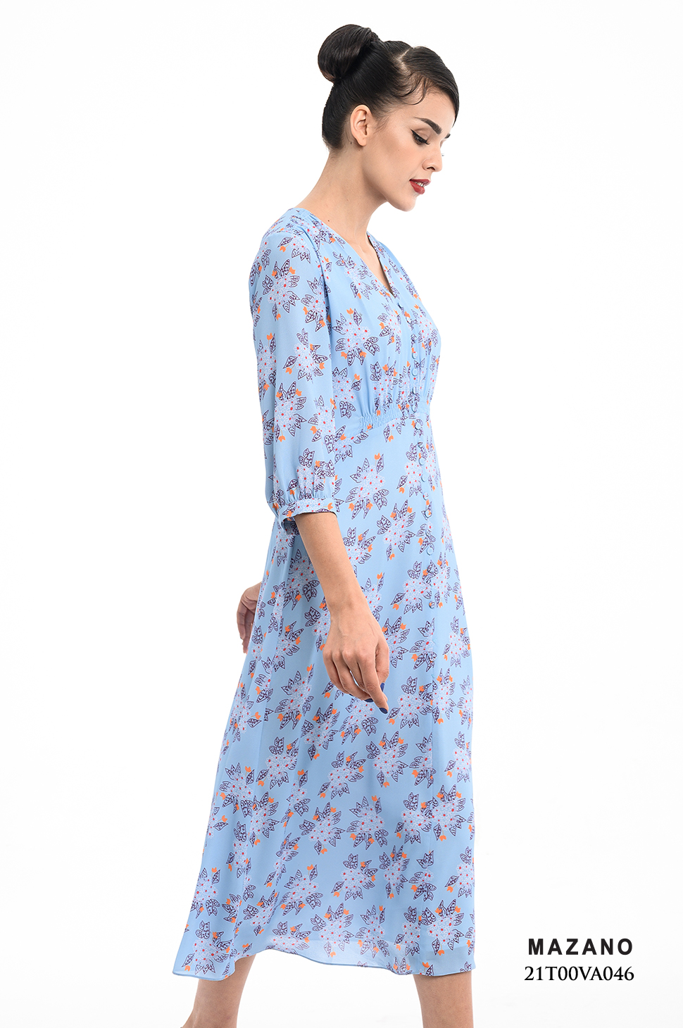 Đầm xanh họa tiết cổ V chân rủ_thumbnail_1