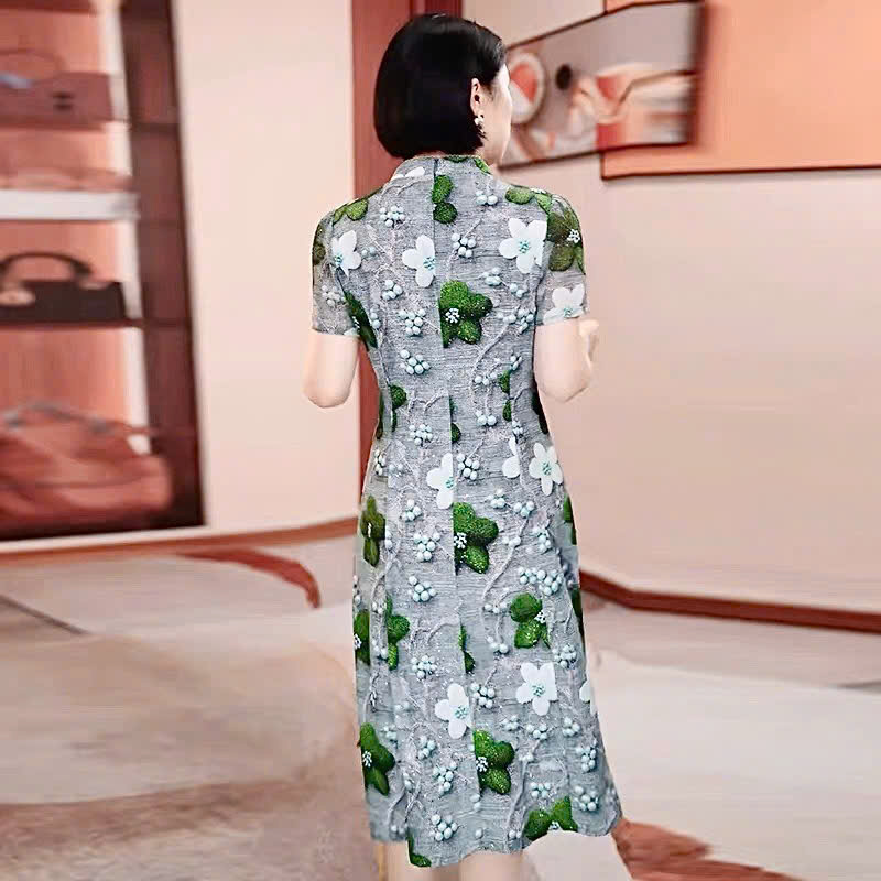 17894-Đầm suông A hoa xanh  cổ tàu kết nút  ( voan lụa, lót)_thumbnail_4