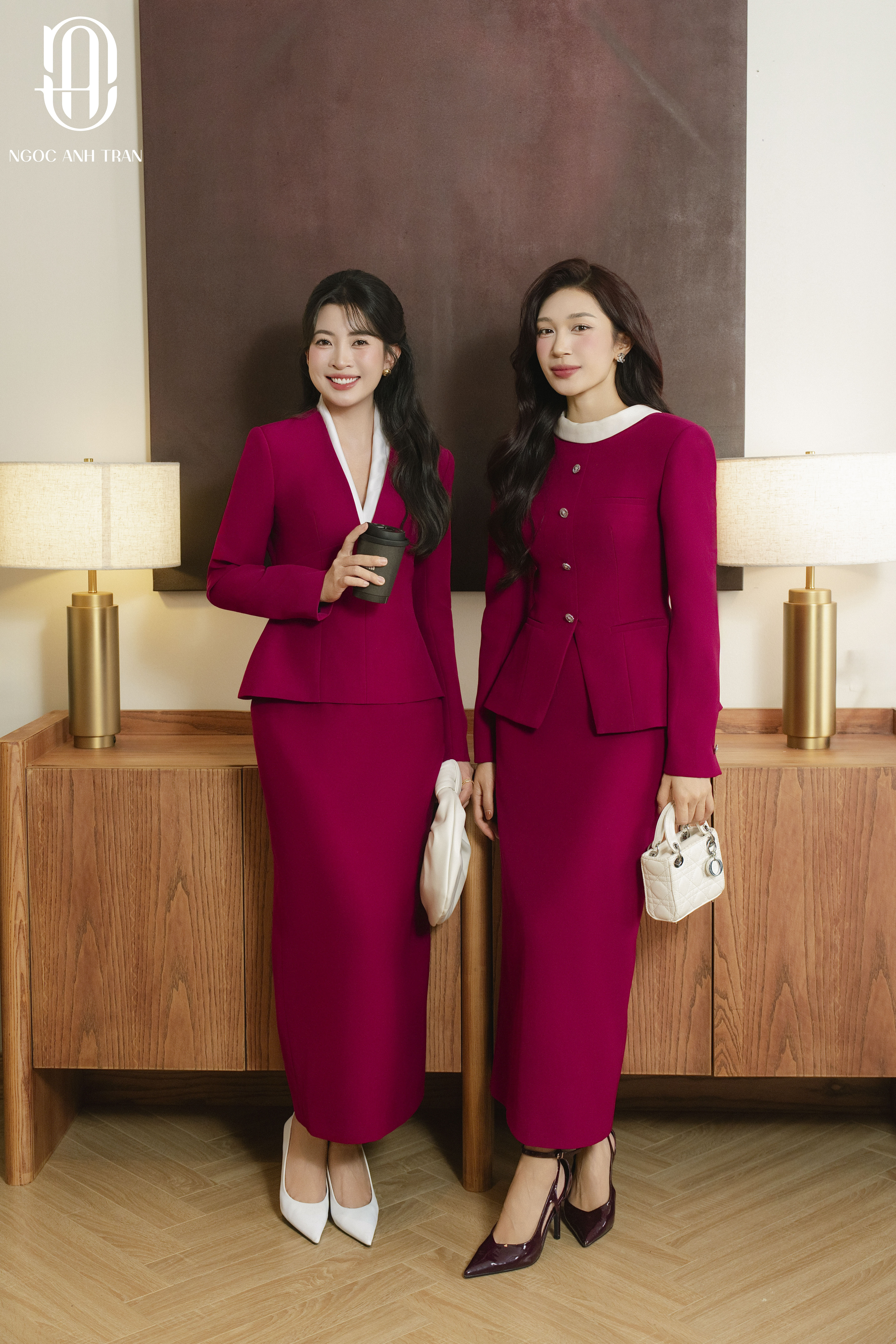 A218 - Set áo kiểu hồng dài tay Deep Fuchsia cổ V phối chân váy_thumbnail_3