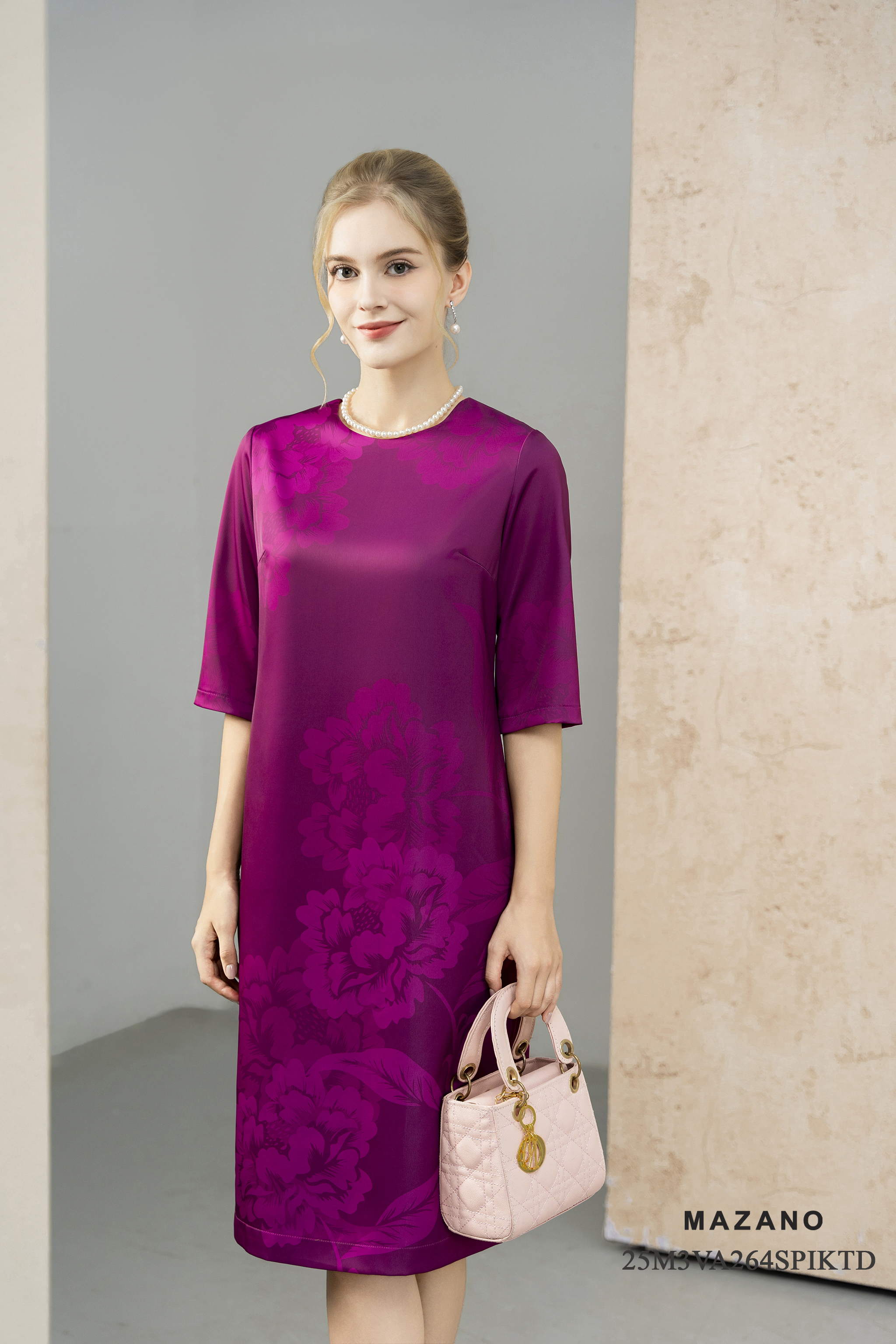 Váy Đầm Suông Vải thô dày Hoạ tiết  in chìm Cổ tròn Tay lỡ Dài đến bắp chân