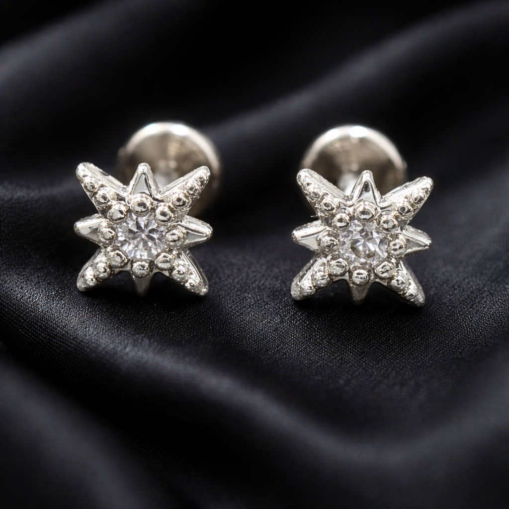 Khuyên kiểu ngôi sao 8 cánh đá giữa dẹt