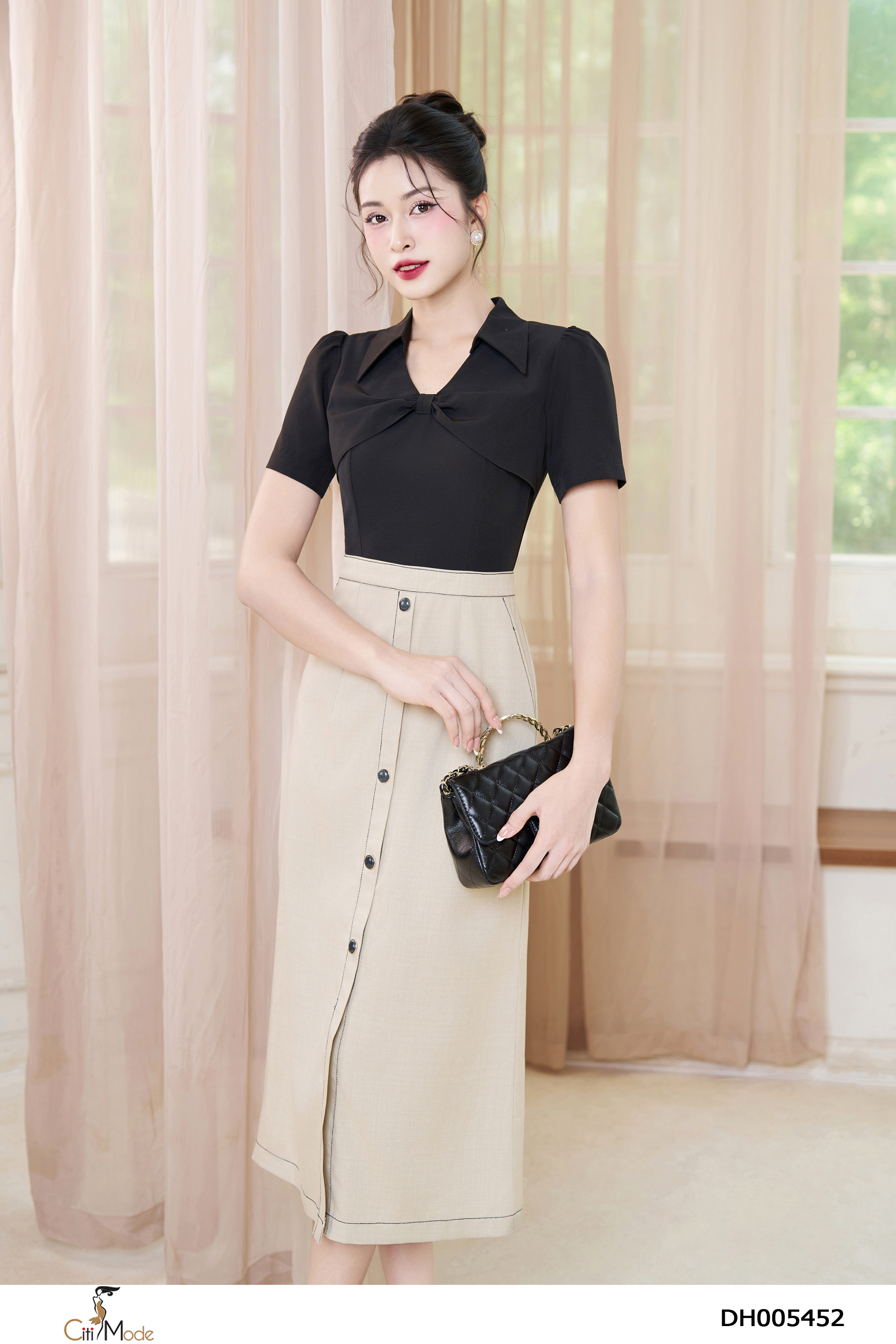 Đầm xòe A phối đen cổ đức V ngực nhún cách điệu_thumbnail_1