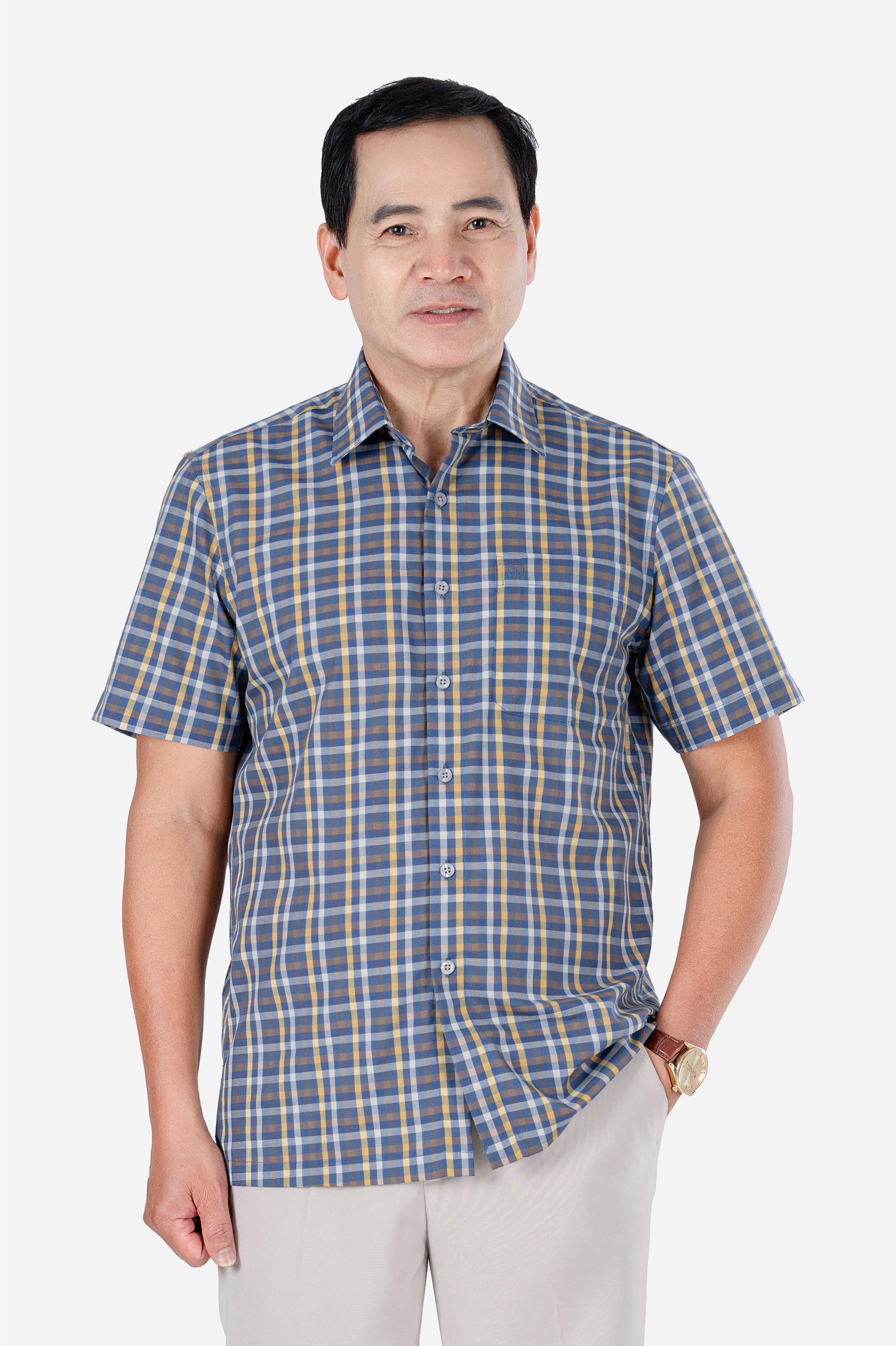 Sơ Mi Caro Cộc Tay Nam Trung Niên ANCHI Chất Liệu Sợi Tre Cao Cấp