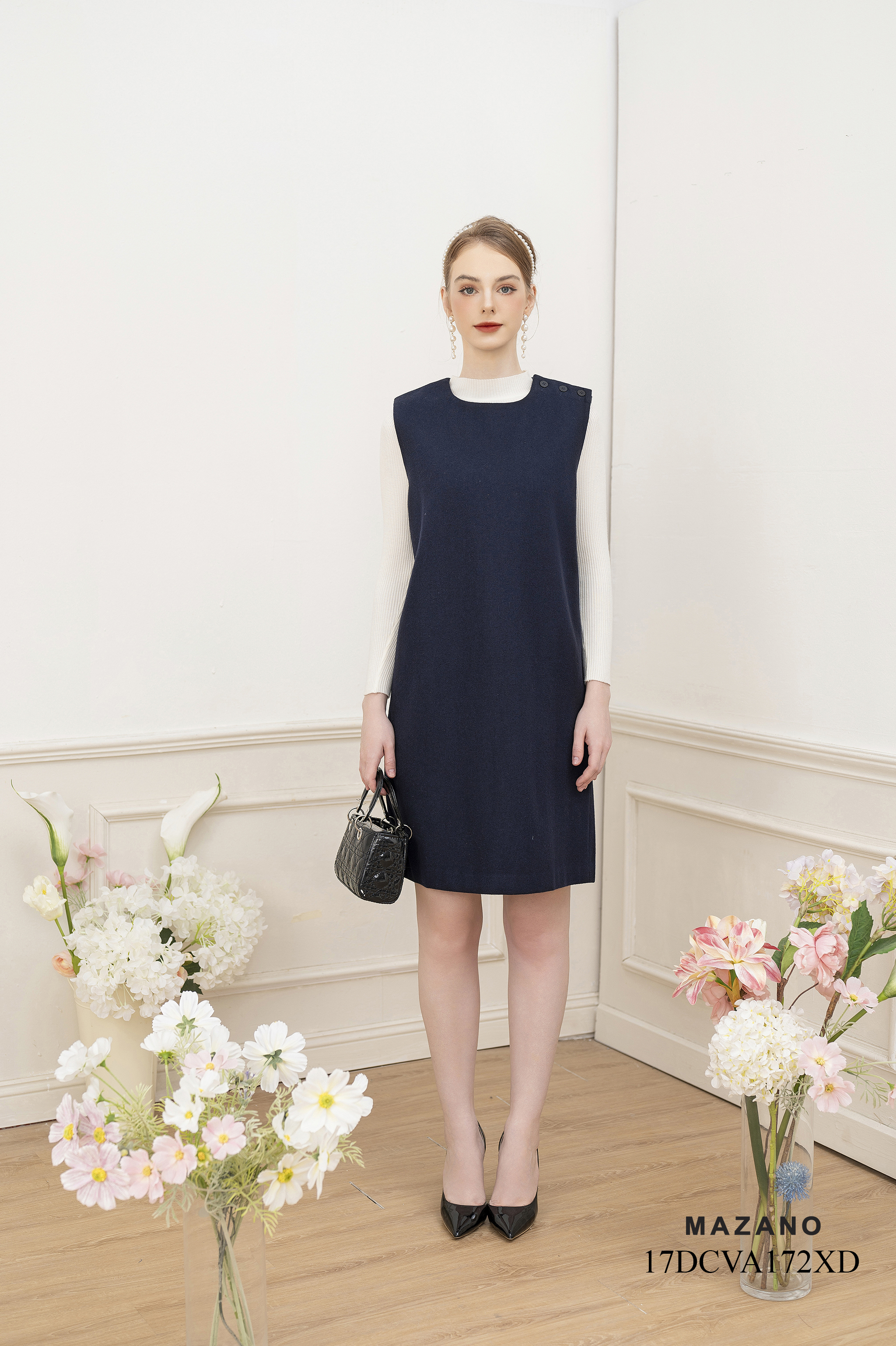 Đầm Dạ 100% Lông Cừu Dáng Suông Thắt Đai Không Tay