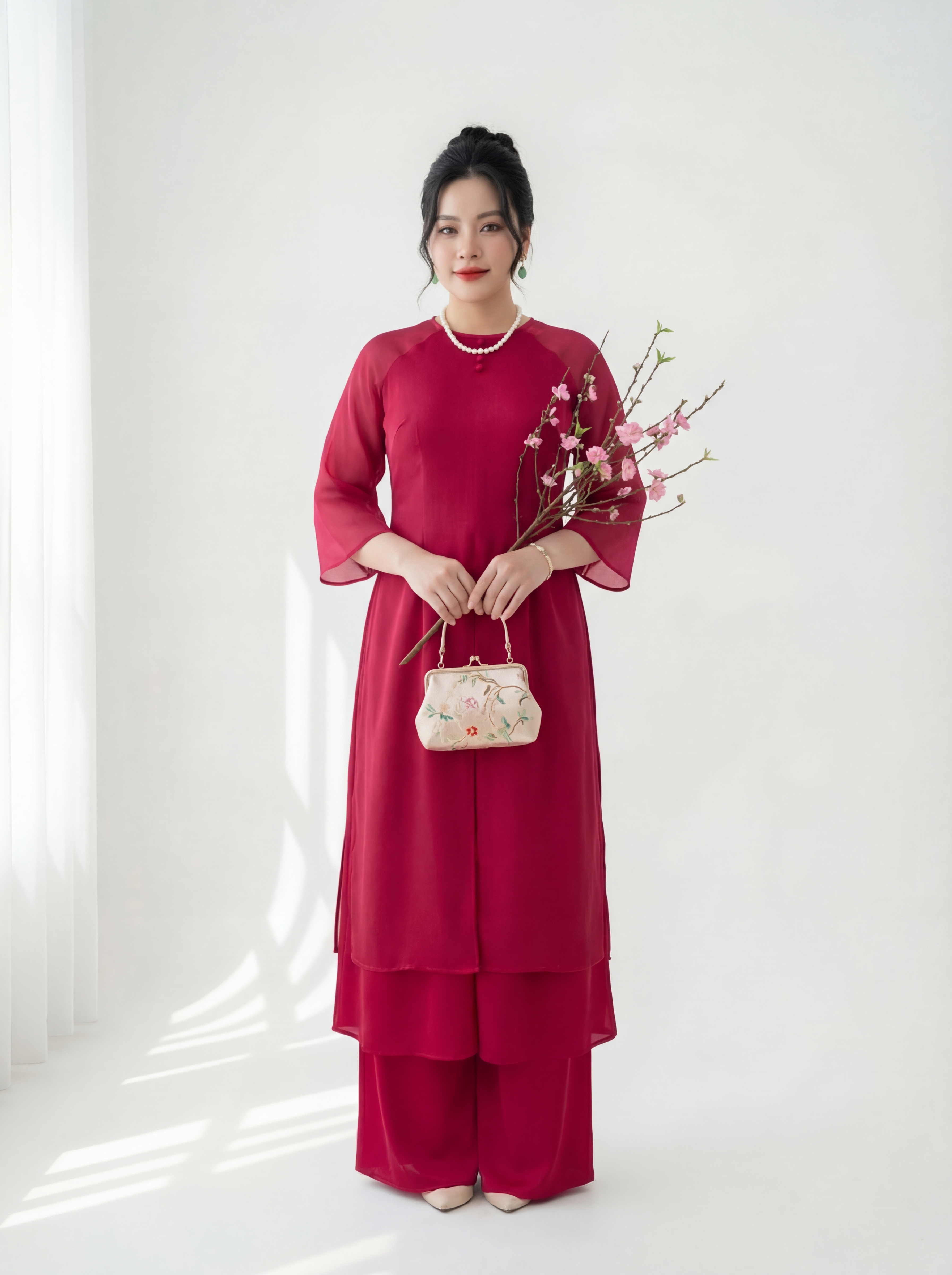 Người mẫu mặc set áo dài voan xẻ tà bigsize V-AD022 màu đỏ ở mặt trước