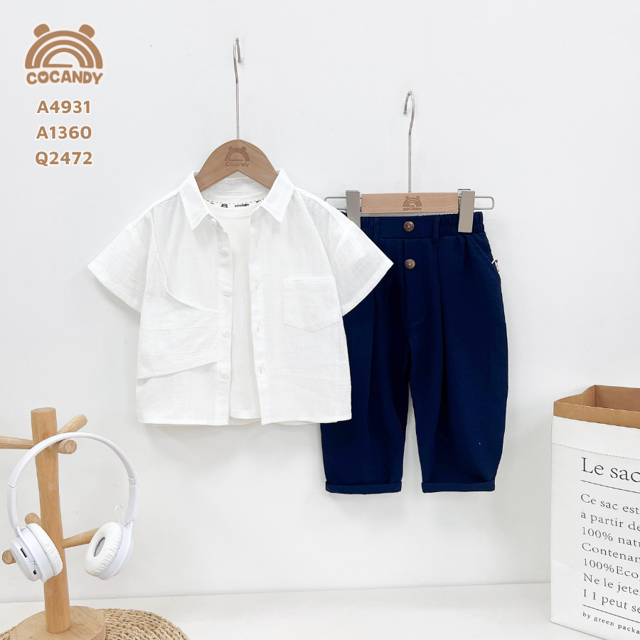 Áo cộc sơ mi TRẮNG phối vạt giả túi ngực