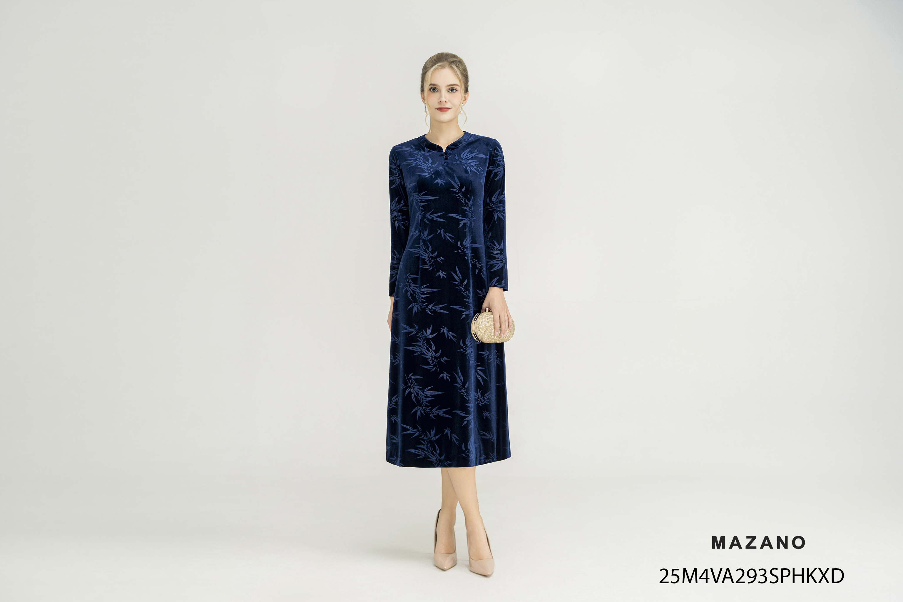 Đầm nhung xuông vừa chân  A nhẹ cổ tàu tay dài đến mắt cá_thumbnail_4