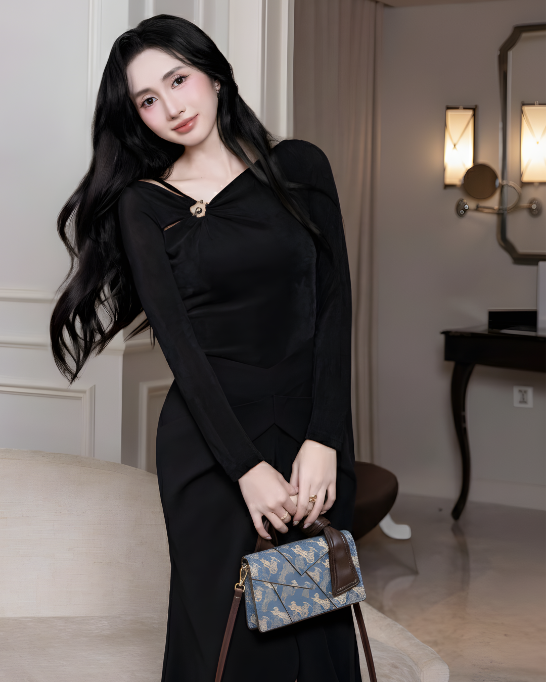 Túi xách UHE_2519 Vera – túi kẹp nách họa tiết vintage, tay cầm da nâu_thumbnail_9