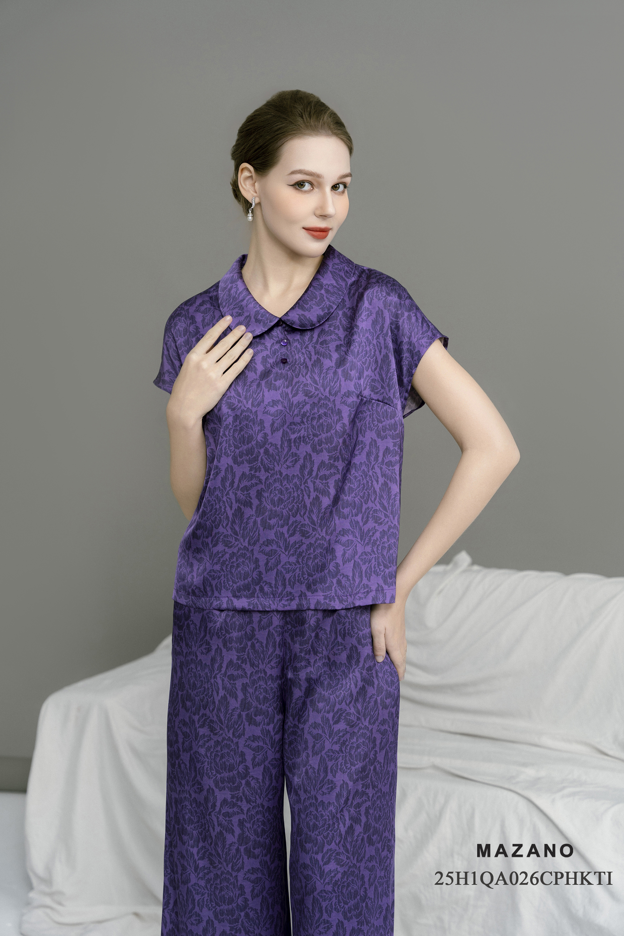 Bộ Quần và Áo suông Vải lụa Họa tiết Hoa mẫu đơn tím Cổ có lá Tay ngăn Dài quần tới mắt cá chân_thumbnail_5