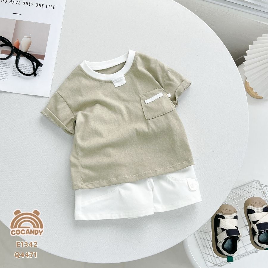 Áo cộc cotton XANH RÊU túi ốp kiểu