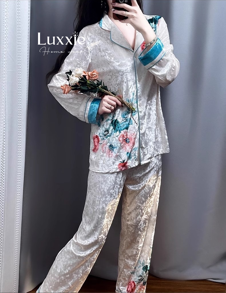 NHUNG06  Pijama vải nhung hoa hồng viền xanh_thumbnail_5