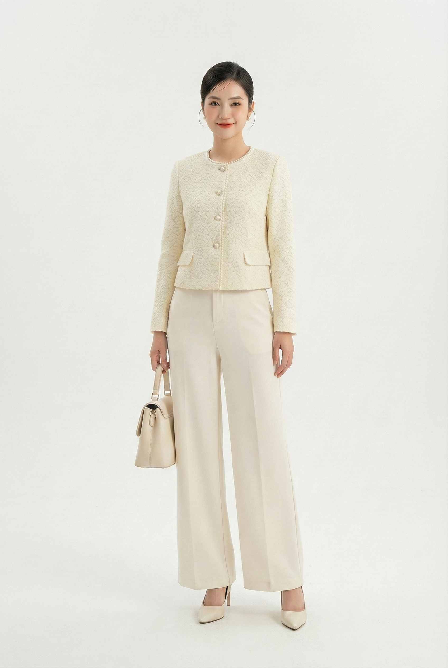 Áo khoác ngắn Suông Vải ren len Cổ tròn kẹp dây trai trang tri s Dài dưới eo