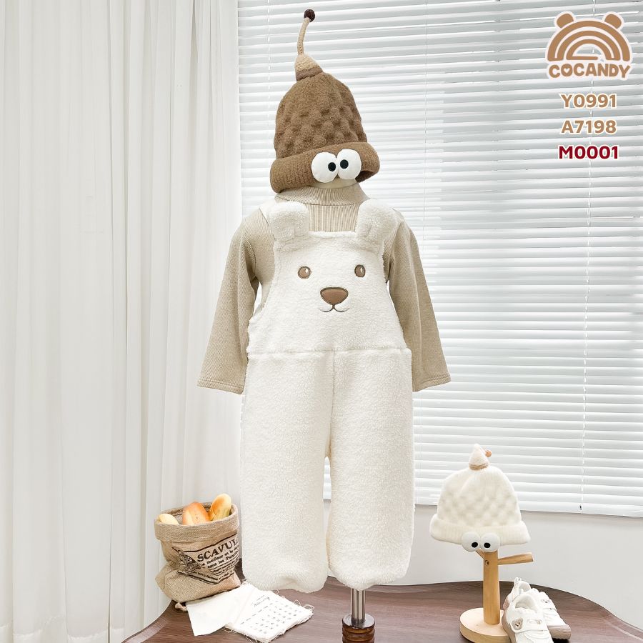 Yếm dài lông TRẮNG họa tiết gấu nâu