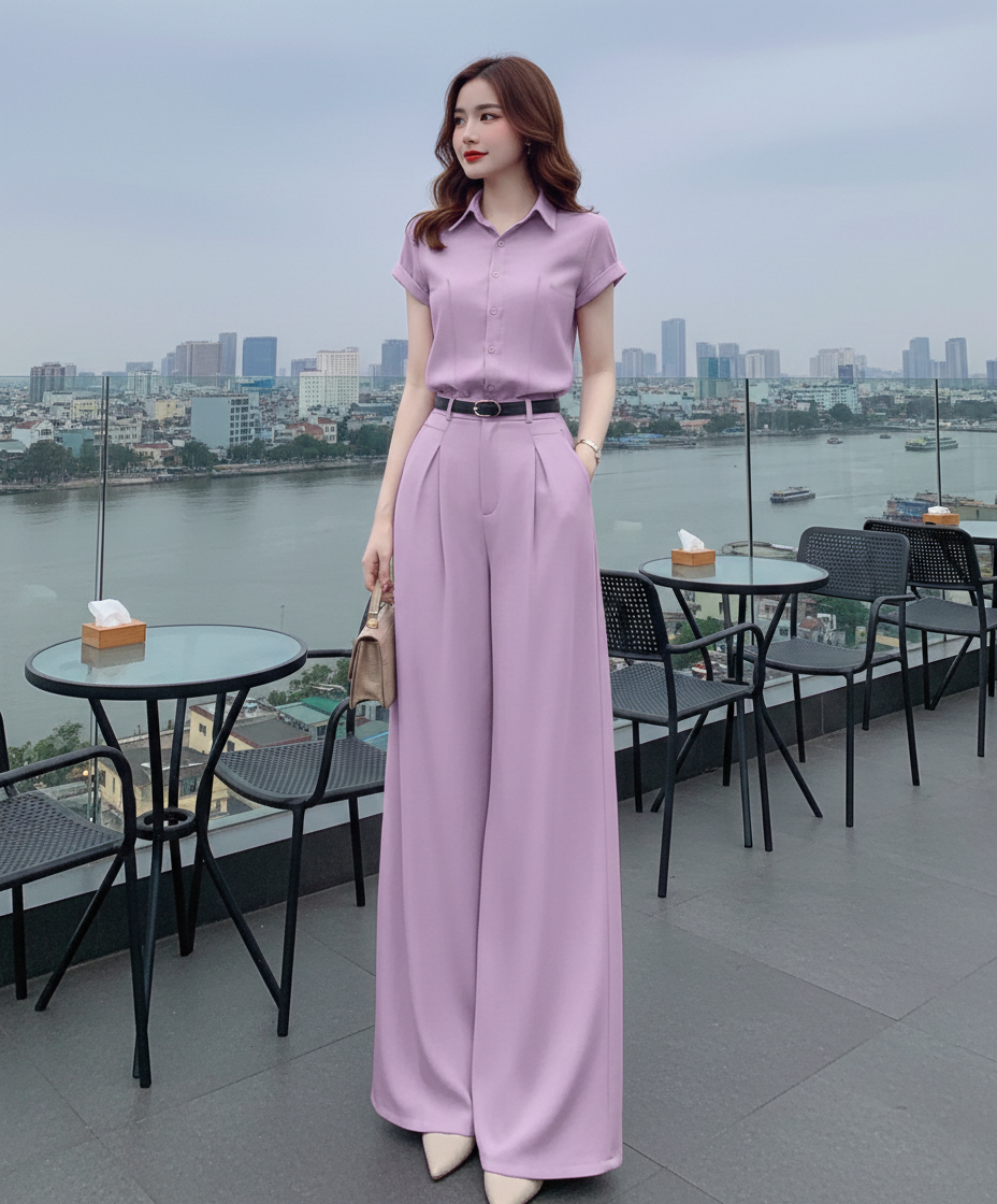 Set bộ đồ áo sơ mi phối quần ống rộng phong cách