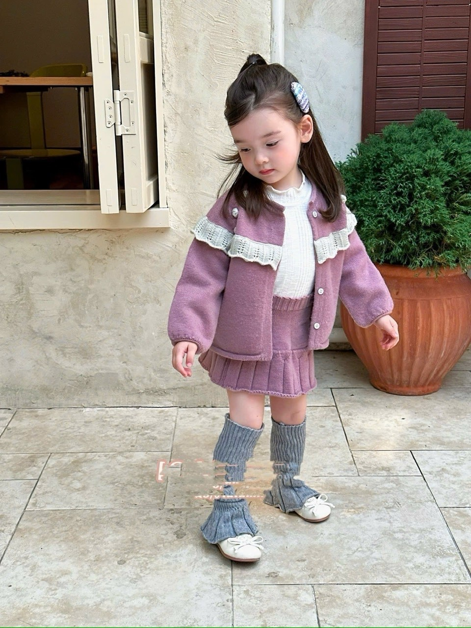 (C7) Set váy len 2 chi tiết màu tím cổ sen kèm chân váy