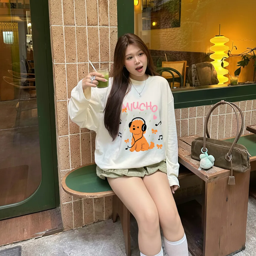 Áo thun tay dài form boxy Miucho chất vải dày dặn thoáng mát cún music in mix 2833_thumbnail_6