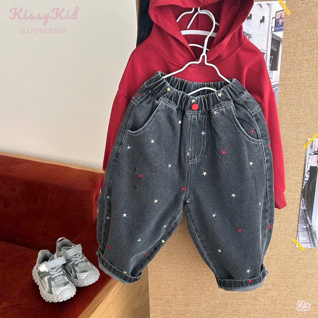 (Z3) Quần bò ghi đen mề hoạ tiết thêu