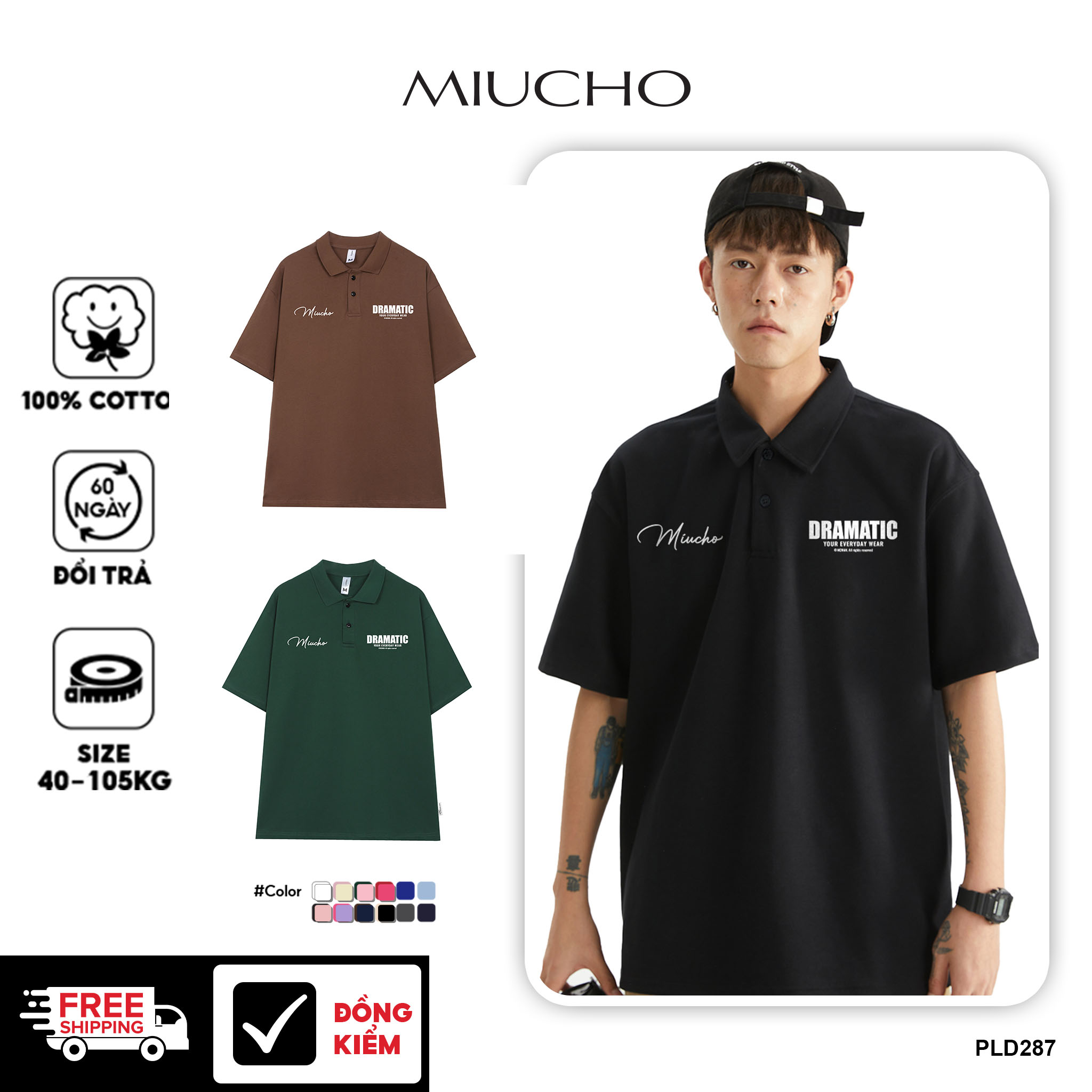Áo polo nam form rộng PLD287 Miucho Man cotton cổ trụ in typography_thumbnail_1