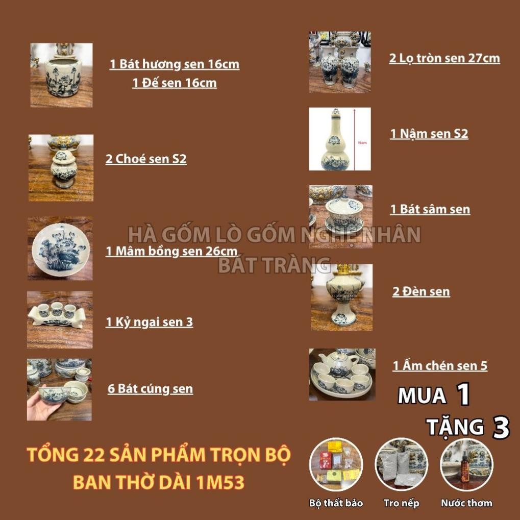 HG091 Đồ Thờ Cúng Bộ 22 món ban thờ 1M53 men rạn trơn nghệ nhân Bát Tràng chế tác TẶNG Thất Bảo, Tro Nếp_thumbnail_1