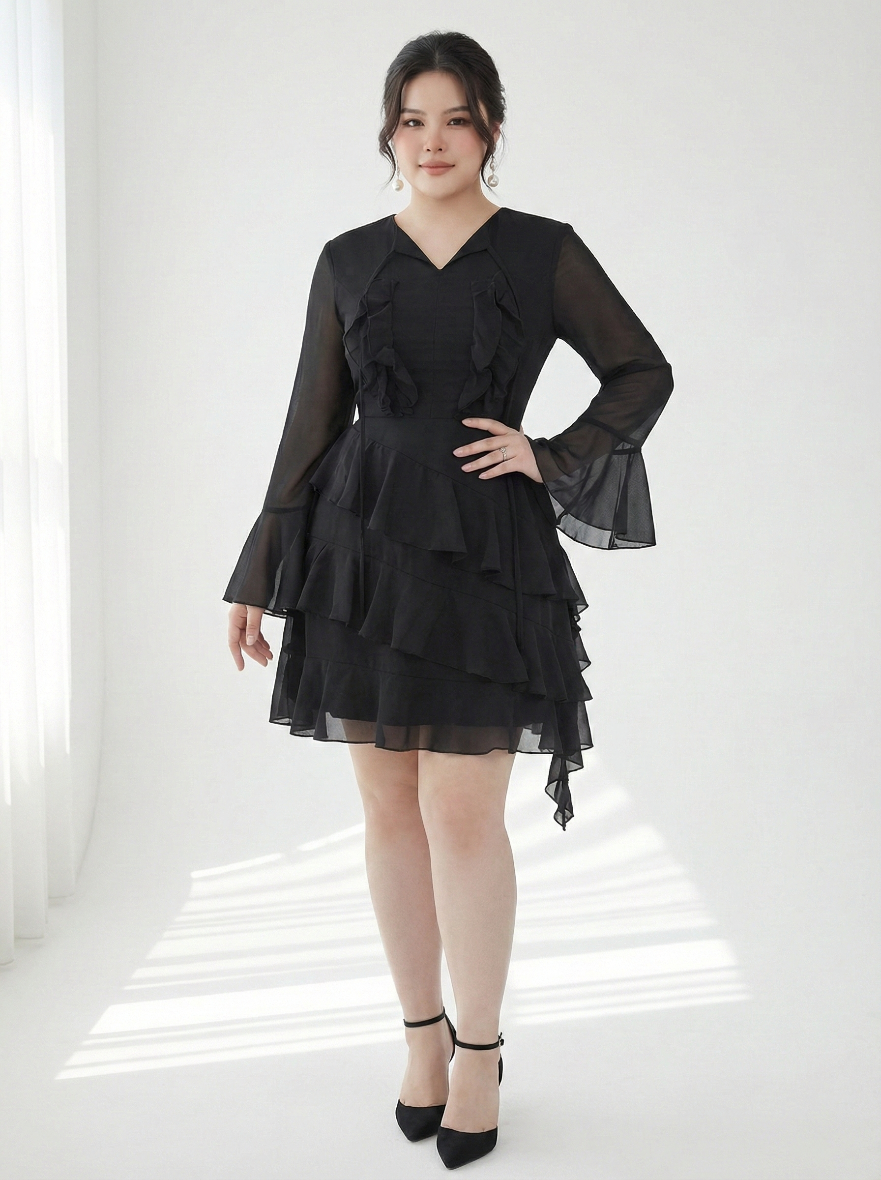 Đầm voan kiểu bèo nhún bigize DA150 dành cho nàng béo mập từ 55-95kg