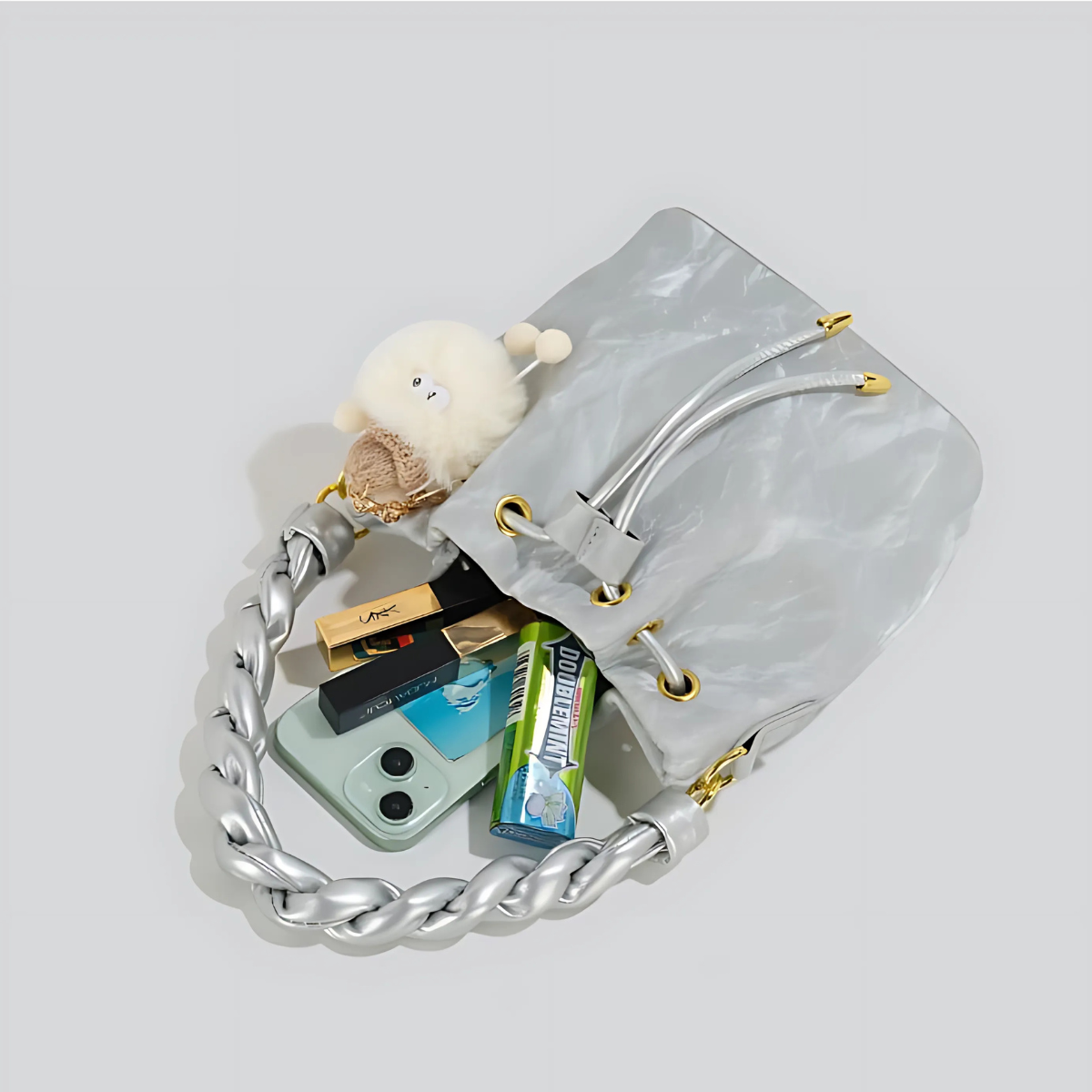 UHE Moon Puff 2509 – túi bucket da cao cấp, quai xoắn thời trang, charm bông xinh xắn, 3 màu hồng - trắng kem - xám bạc_thumbnail_10