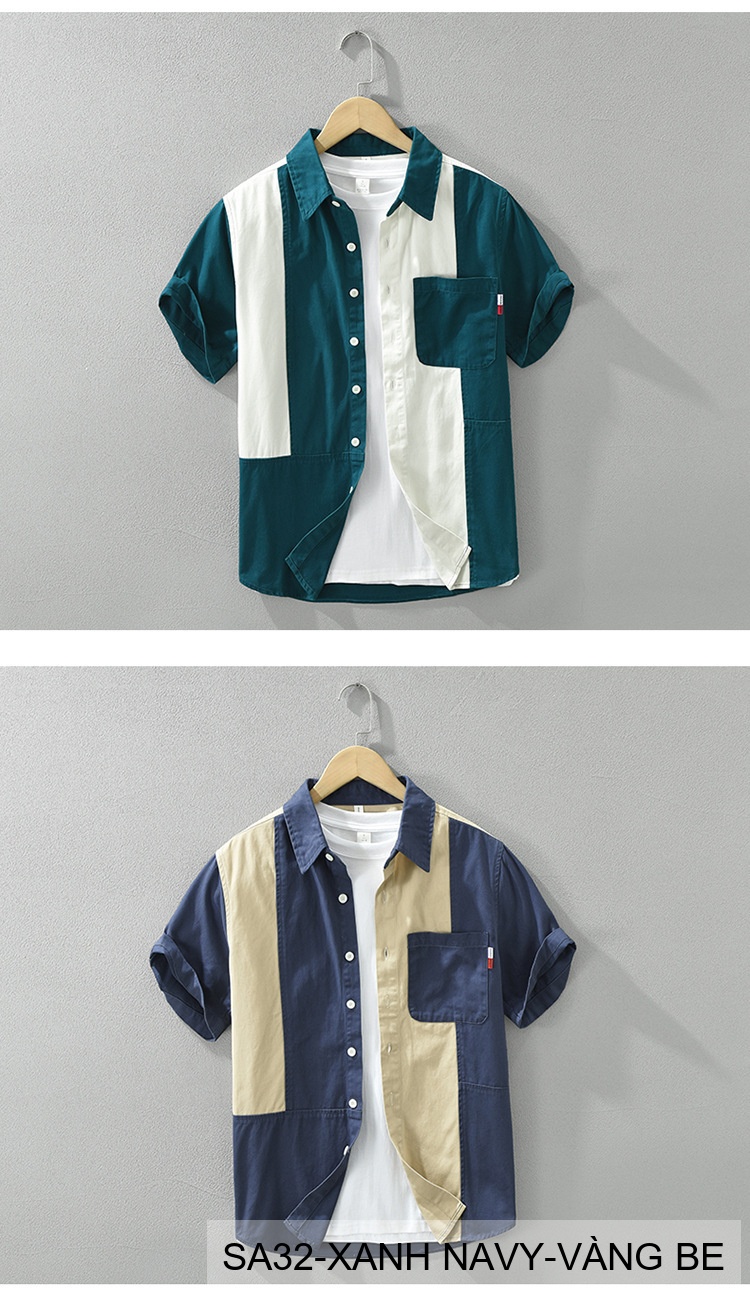 SA32 - Áo sơ mi nam phối màu tay ngắn phong cách Hàn Quốc, chất cotton 100%, dáng lỏng thoải mái_thumbnail_16