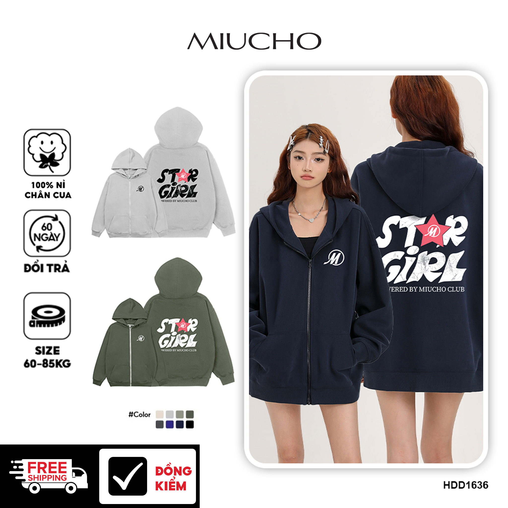Áo hoodie zip local brand form rộng vải nỉ chân cua HZD1636 Miucho in typography