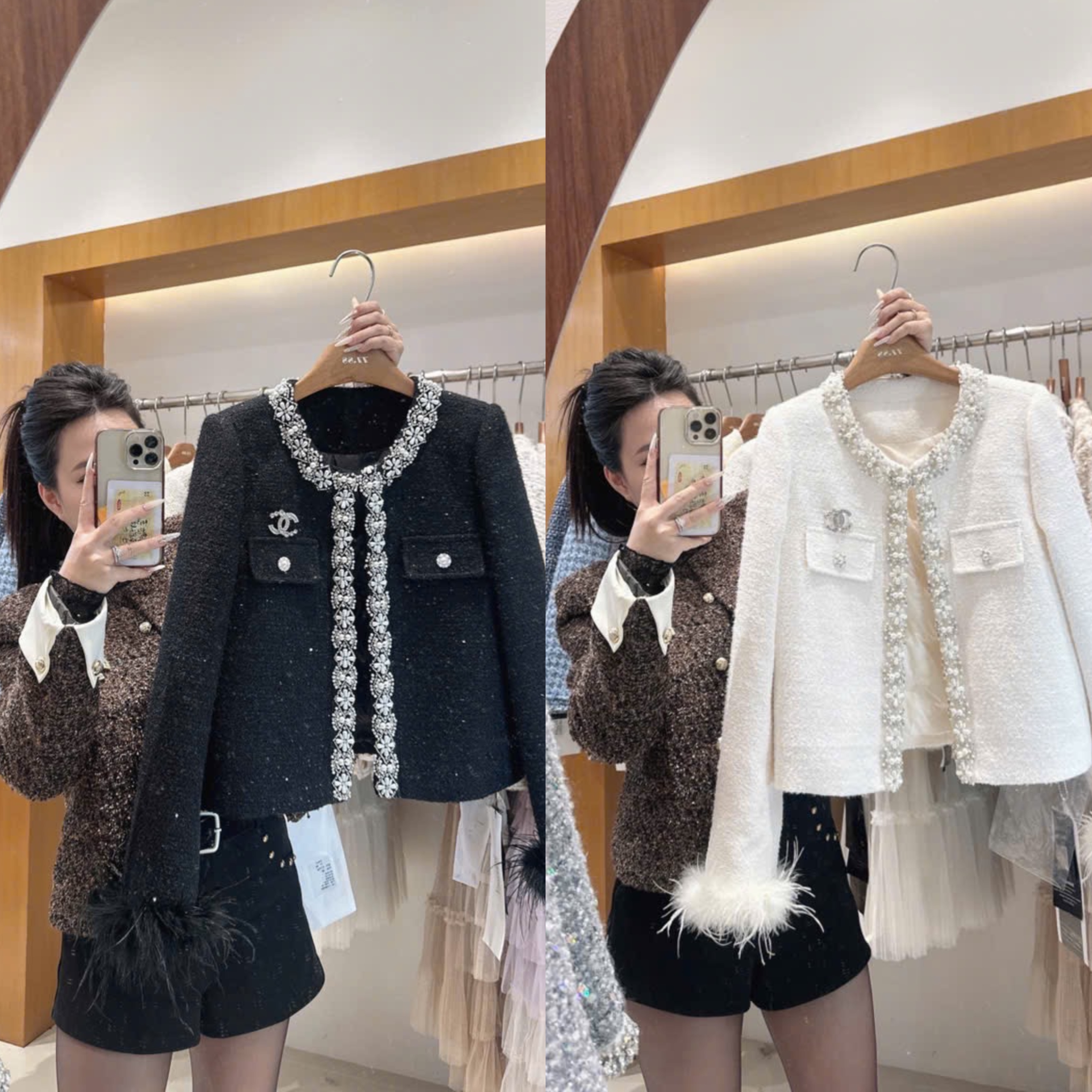 Áo dạ viền ngọc tay lông - V36