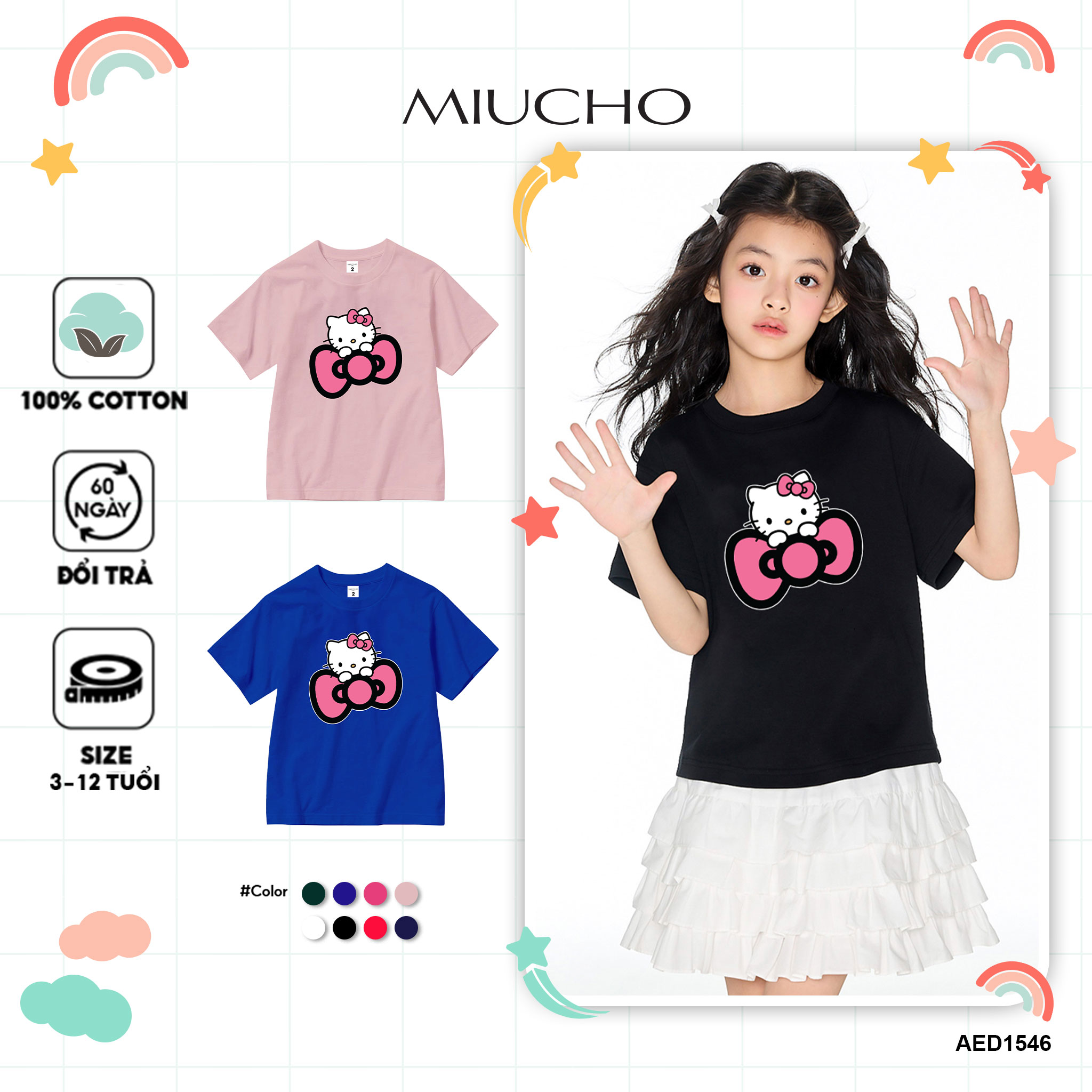 Áo thun bé gái form rộng dễ thương chất vải cotton thoáng mát AED1546 Miucho Kid in artwork
