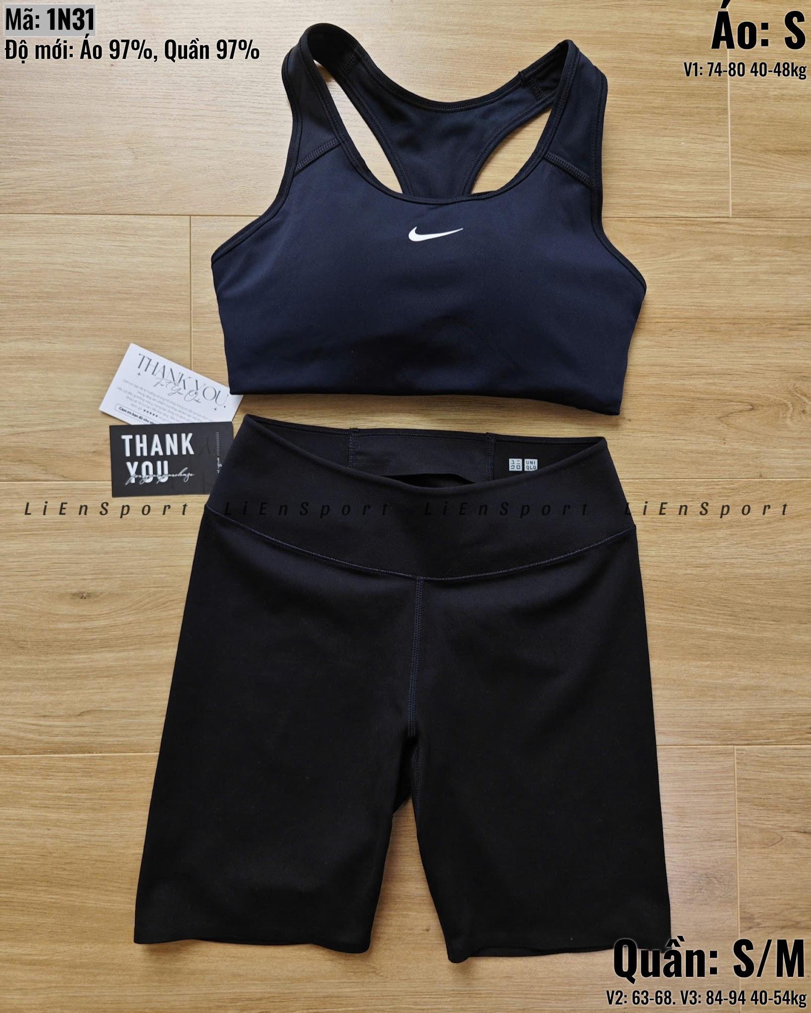 Set 2 món Nike Áo bra thể thao + Quần short lưng cao Nữ Size S Đen Auth 2nd Dây đan chữ X Thoáng khí Co giãn Thấm hút mồ hôi Form ôm body Phù hợp tập gym yoga chạy bộ Mã:1N31