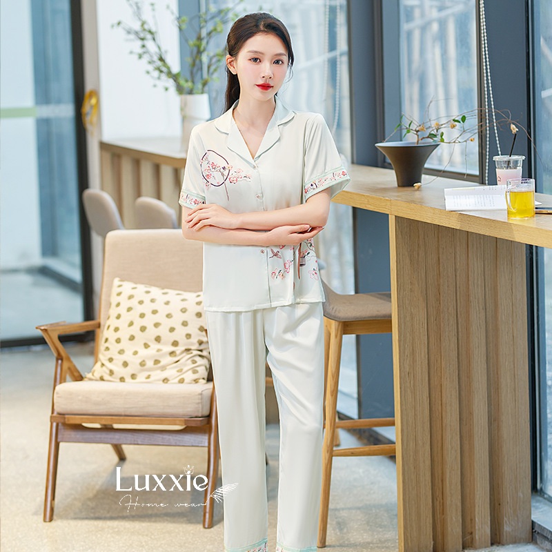 N128B Pijama lụa hoa đào chim én cộc tay