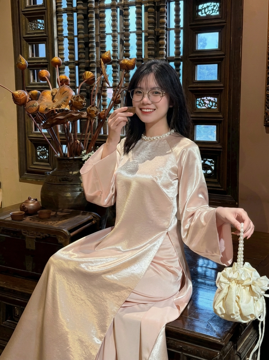 Áo Dài Nữ Màu Hồng Champagne