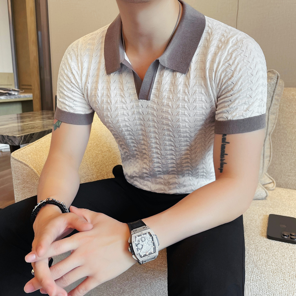 PA36 – Áo polo nam lụa đá dệt kim mỏng, cổ điển