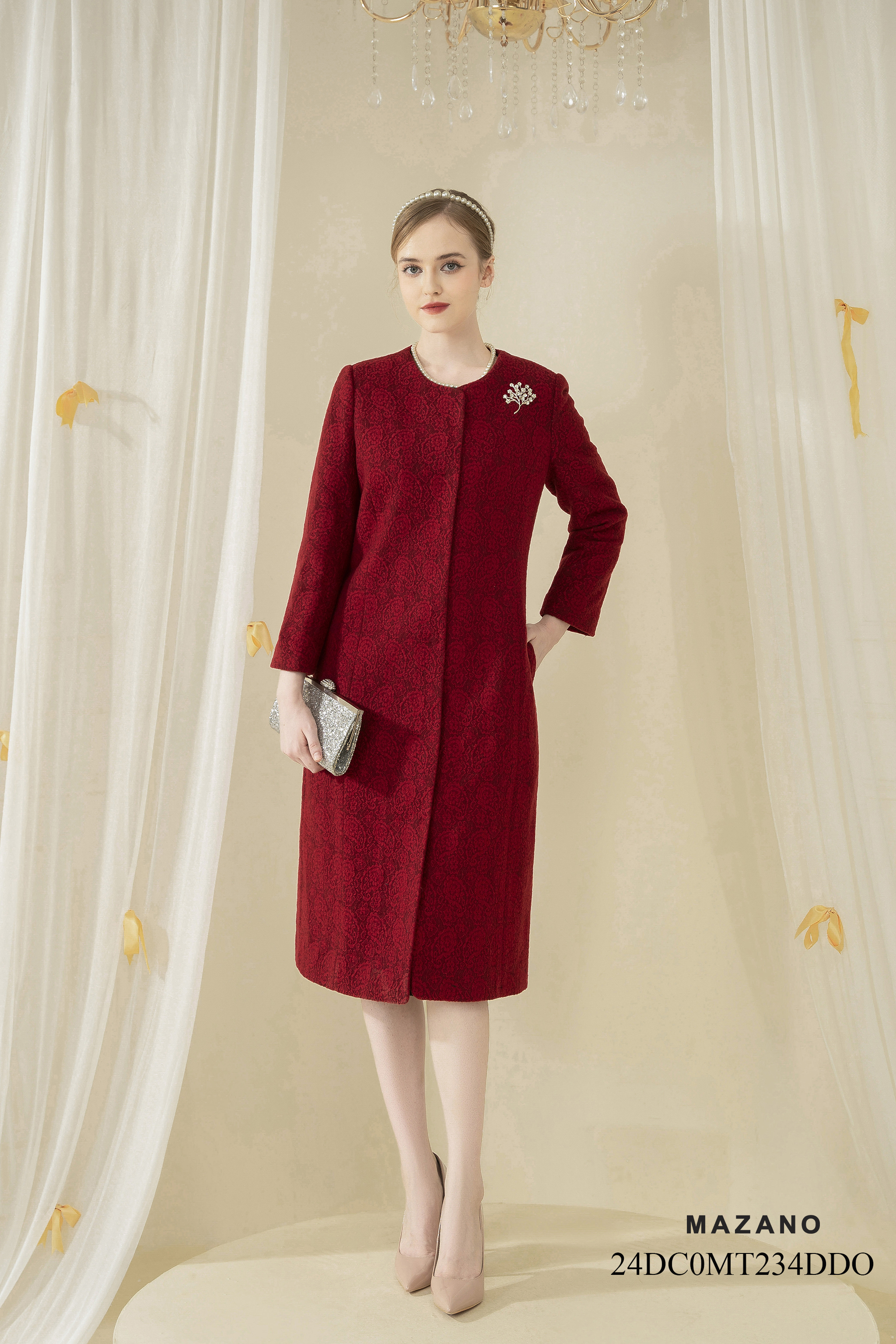 Áo dạ măng tô Suông Vải dạ lông cừu Đính hoa thủ công Cổ tròn Dài dưới eo_thumbnail_2