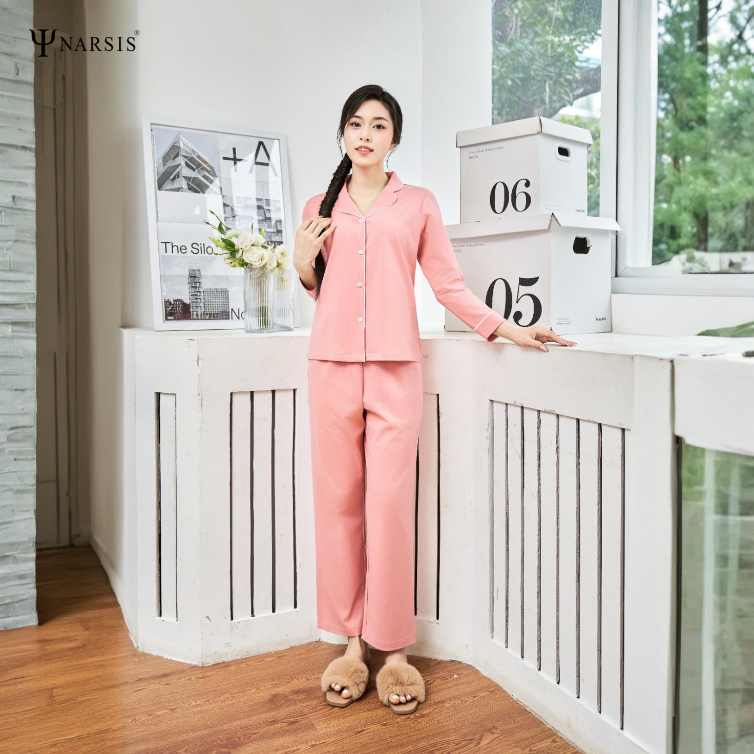 Đồ Ngủ Pijama Narsis M24049, Chất Cotton Spandex, Quần Dài, Tay Ngắn, Mềm Mịn, Ấm Áp