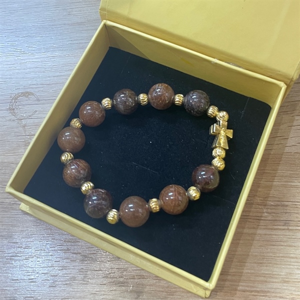 Vòng mân côi đá thạch anh tóc nâu đỏ 14ly mix TG mạ vàng